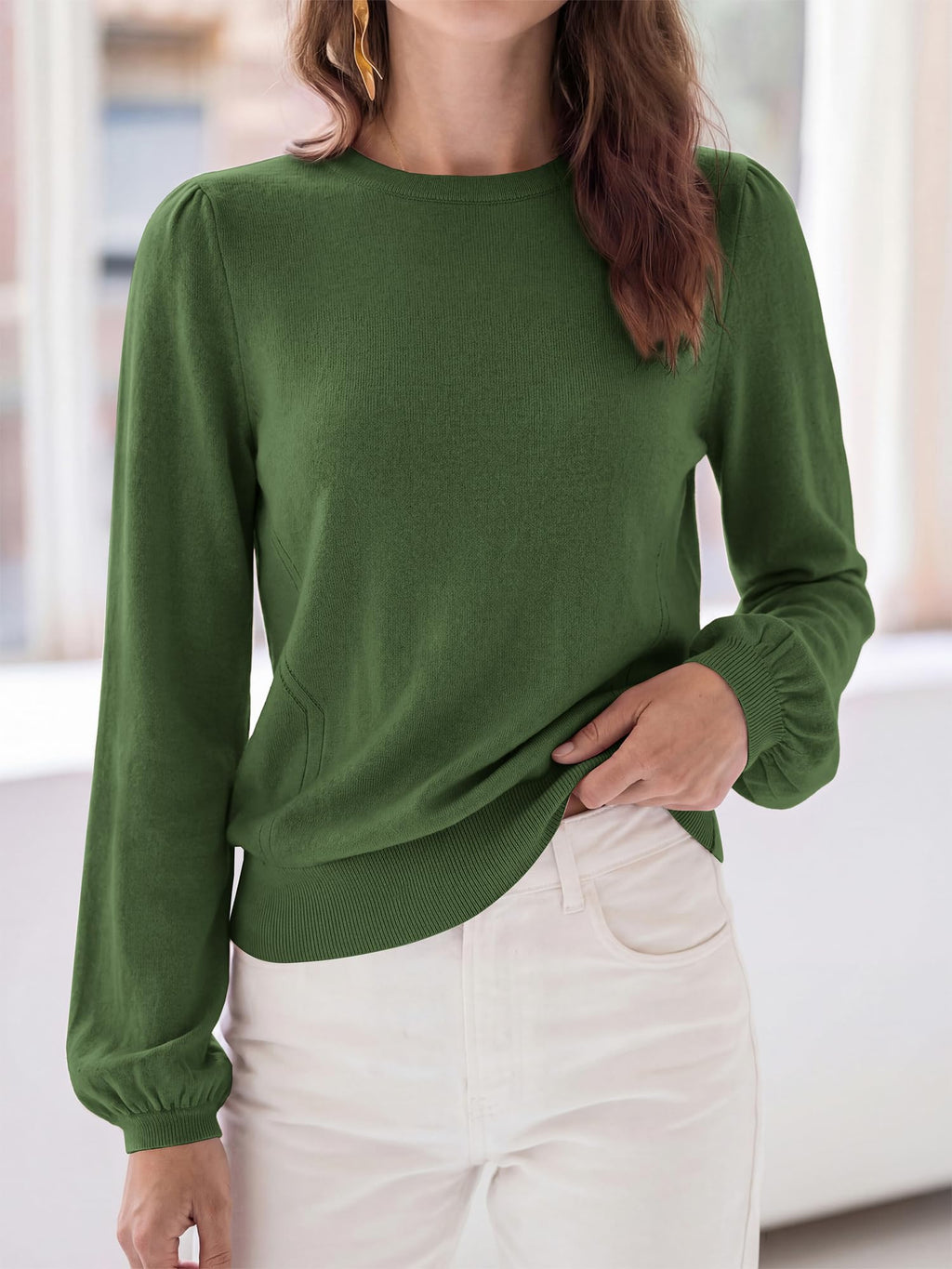FreshPretty Womens Sweaters Lightweight Puff Sleeve Knit Tops,Soft Knitted Pullover Top,Crew Neck Basic Tunic Shirts,Ribbed Hem,Fall Fashion Dressy Casual Work Office Blouses
