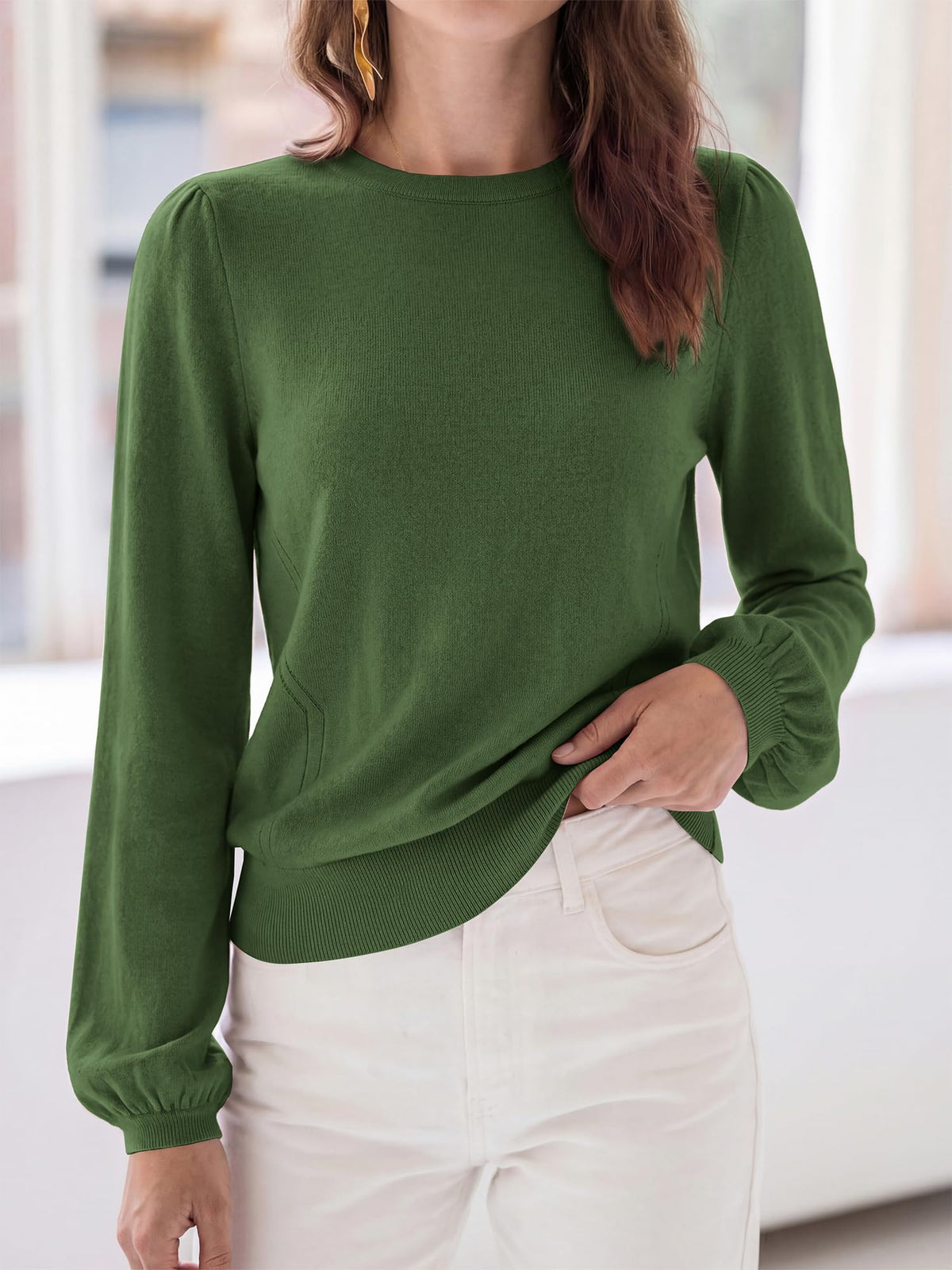 FreshPretty Womens Sweaters Lightweight Puff Sleeve Knit Tops,Soft Knitted Pullover Top,Crew Neck Basic Tunic Shirts,Ribbed Hem,Fall Fashion Dressy Casual Work Office Blouses