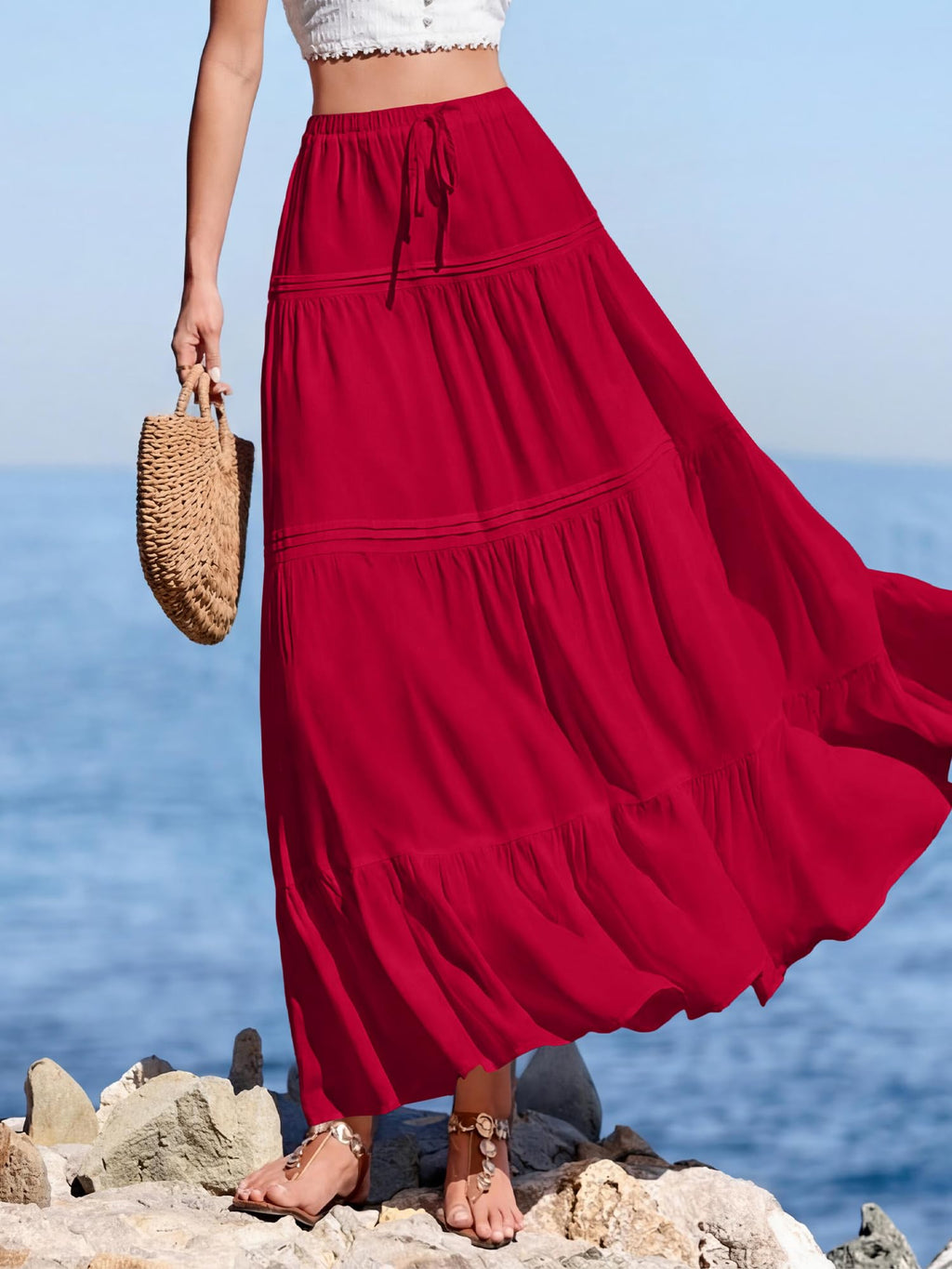 BTFBM Spring Skirts for Women Summer Boho Beach Vacation Clothes Casual Pleated High Waisted Flowy Maxi Skirt