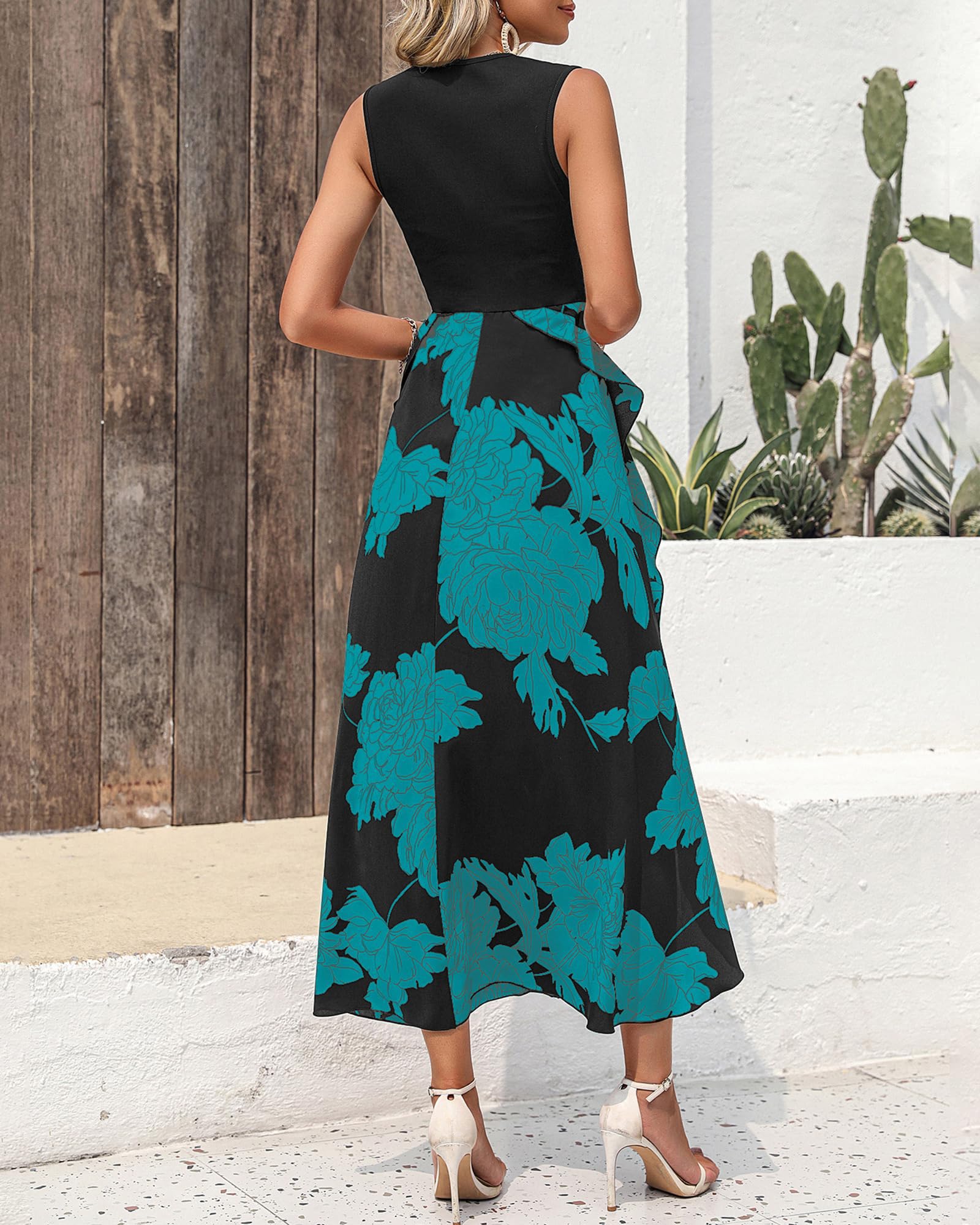 FreshPretty Women Casual Sleeveless Summer Dresses Spring Crewneck Patchwork Boho Floral Ruffle Cocktail Party Midi Dress