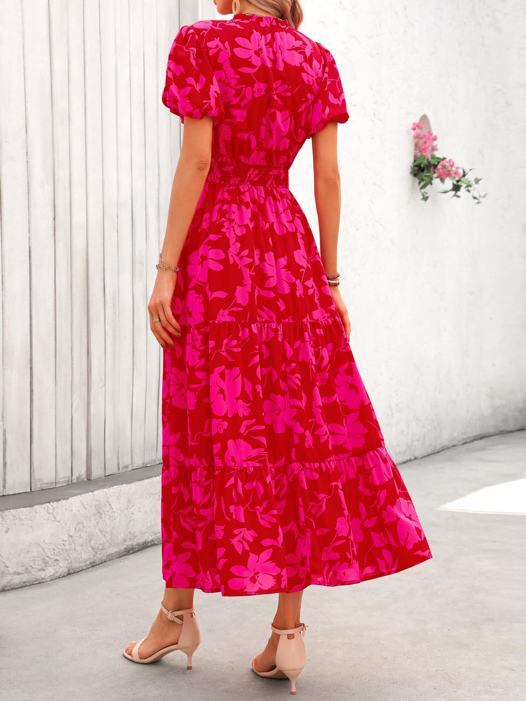 PRETTYGARDEN Summer Maxi Dresses for Women  Casual V Neck Puff Short Sleeve Smocked Flowy Beach Boho Long Floral Dress