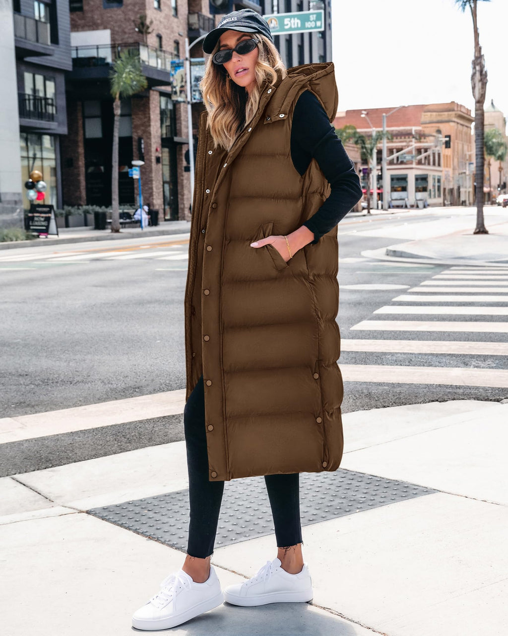 BTFBM Long Puffer Vest Women Quilted Hooded Button Down Zip Up Sleeveless Vests Outerwear Padded Jacket Fall Winter Coat
