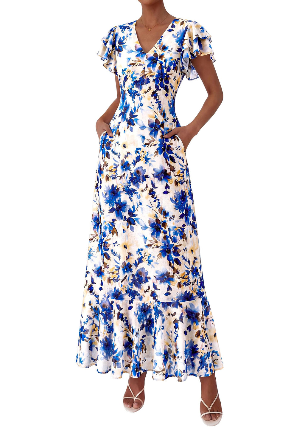 PRETTYGARDEN Womens Summer Floral Maxi Dresses Spring Short Sleeve Ruffle V Neck Flowy Boho Long Beach Vacation Sundress