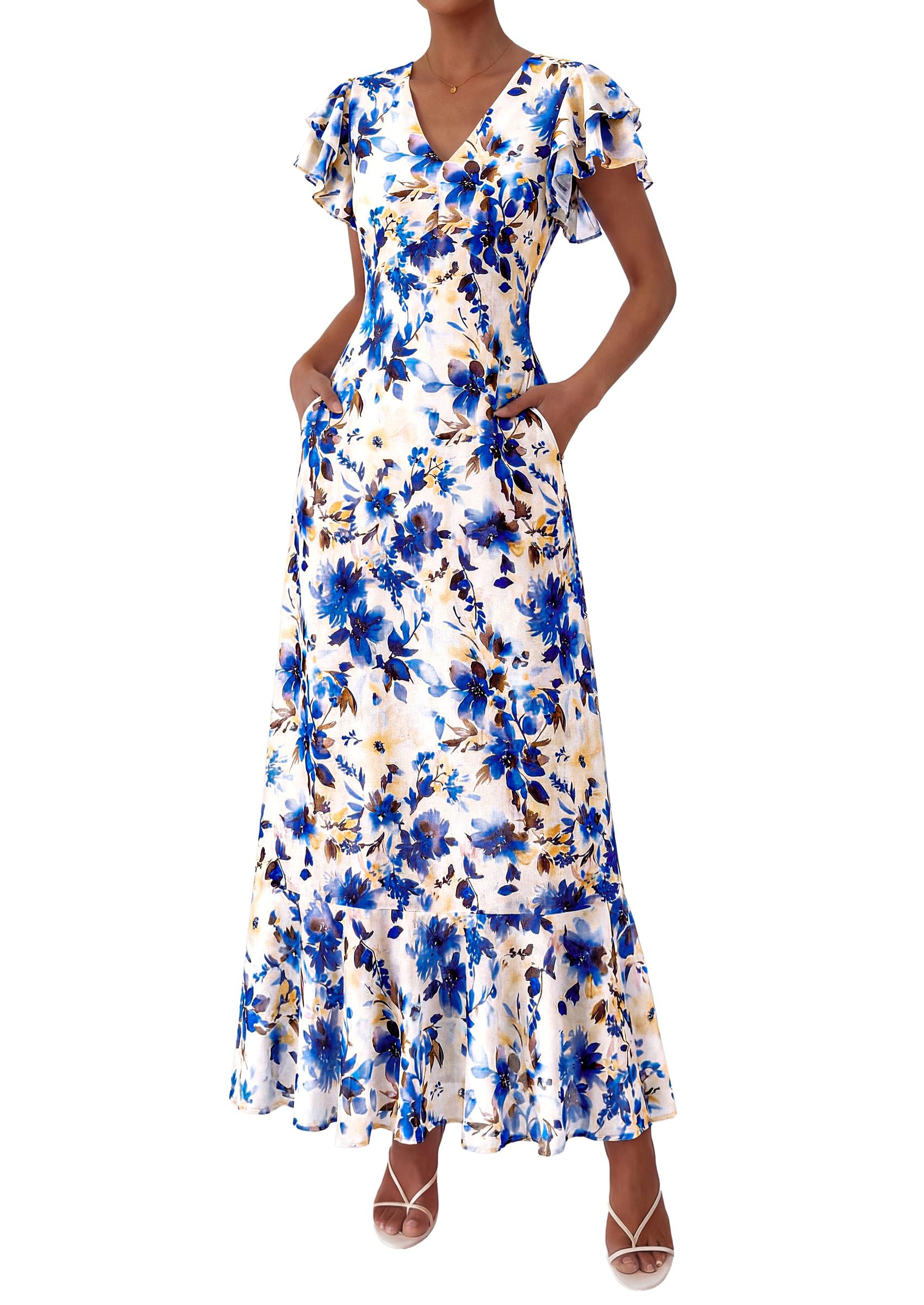 PRETTYGARDEN Womens Summer Floral Maxi Dresses Spring Short Sleeve Ruffle V Neck Flowy Boho Long Beach Vacation Sundress