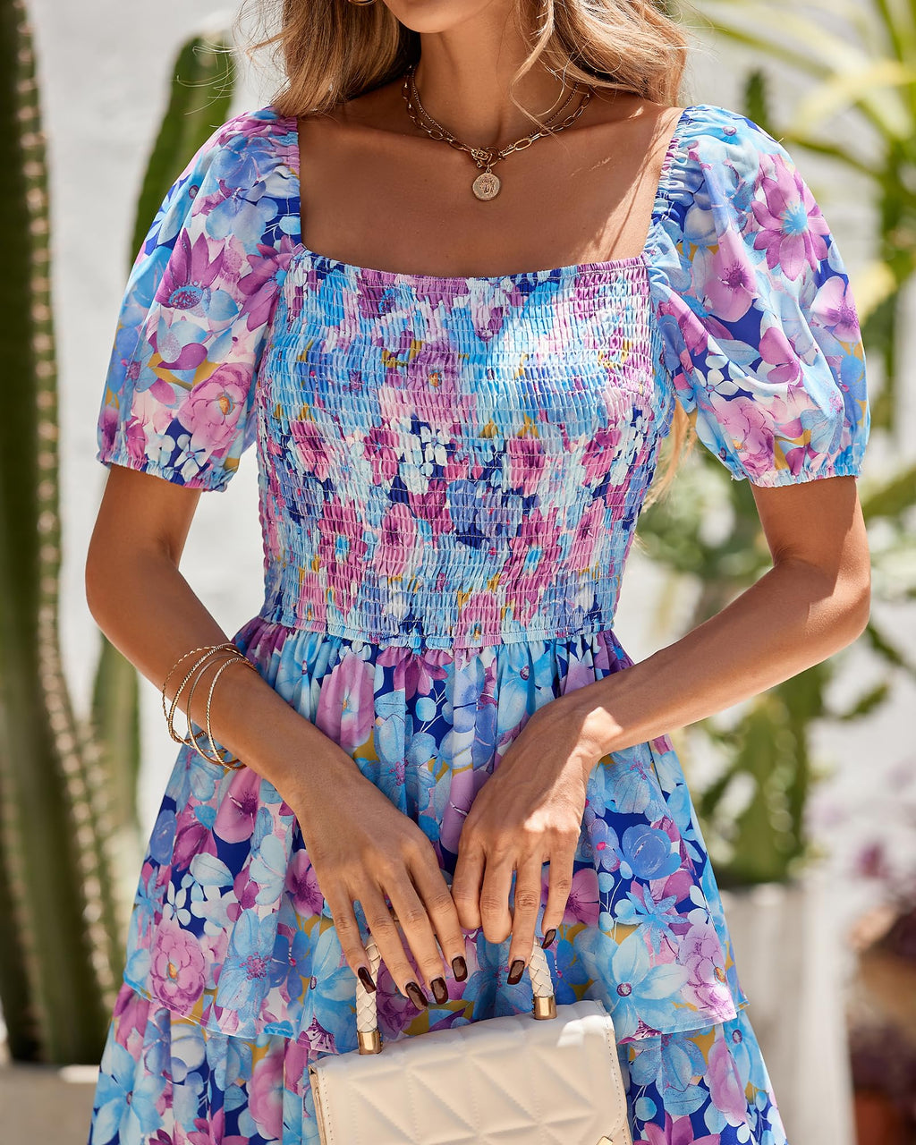BTFBM Womens Square Neck Smocked Dress Summer Puff Short Sleeve Floral Casual Ruffle Tiered Maxi Wedding Guest Dresses