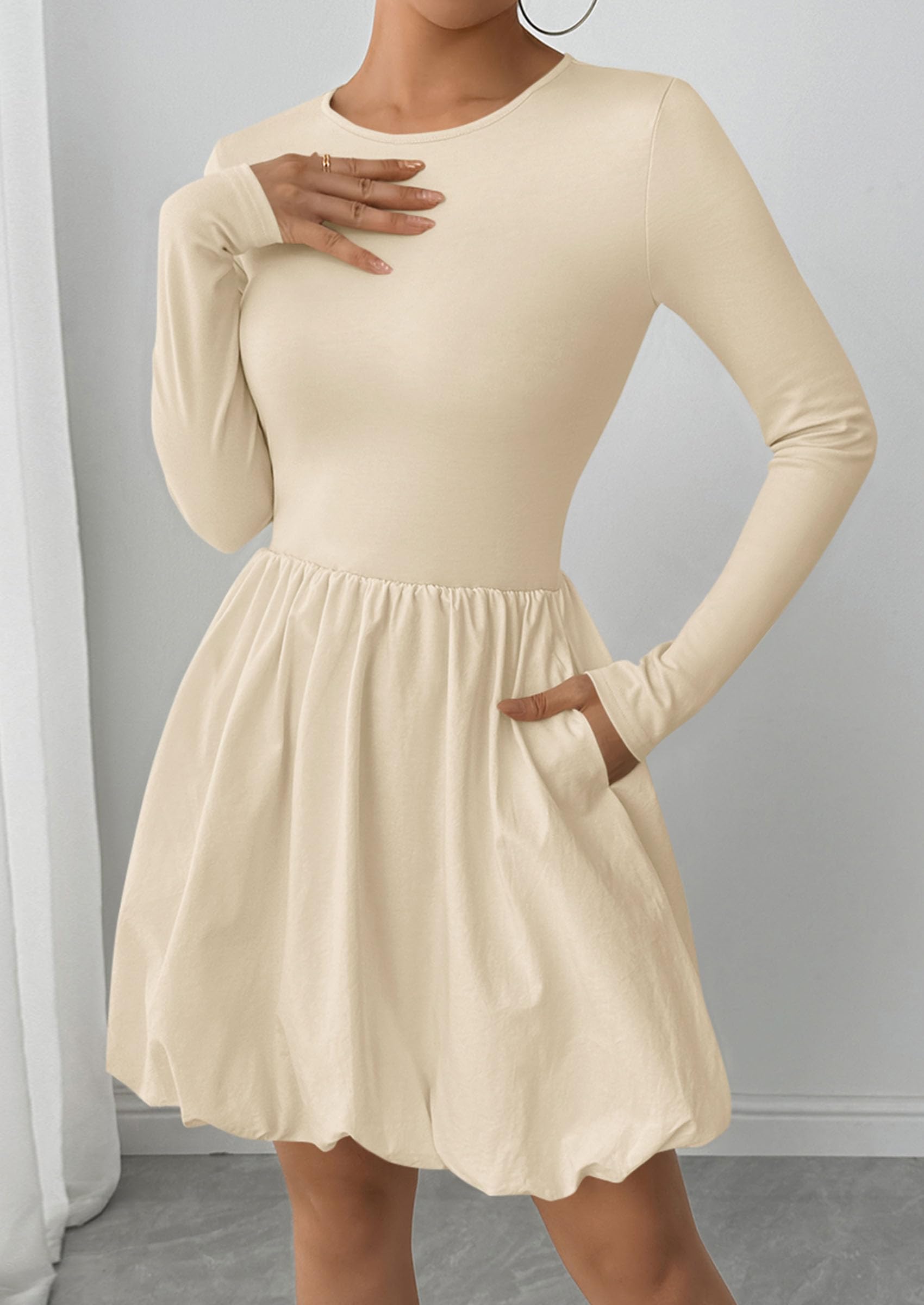 PRETTYGARDEN Fall Dresses for Women Casual Long Sleeve Bubble Cute Crew Neck A Line Mini Short Dress with Pockets