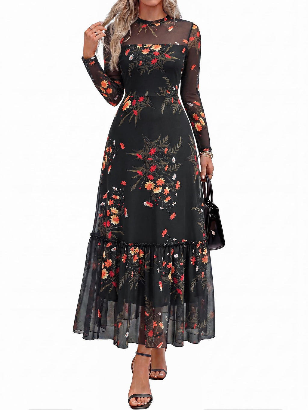 BTFBM Boho Mesh Long Sleeve Dress for Women | Mock Neck, Floral, A Line, Tiered, Graduation, Wedding, Cocktail Maxi Dresses, Fall Fashion, Resort Wear