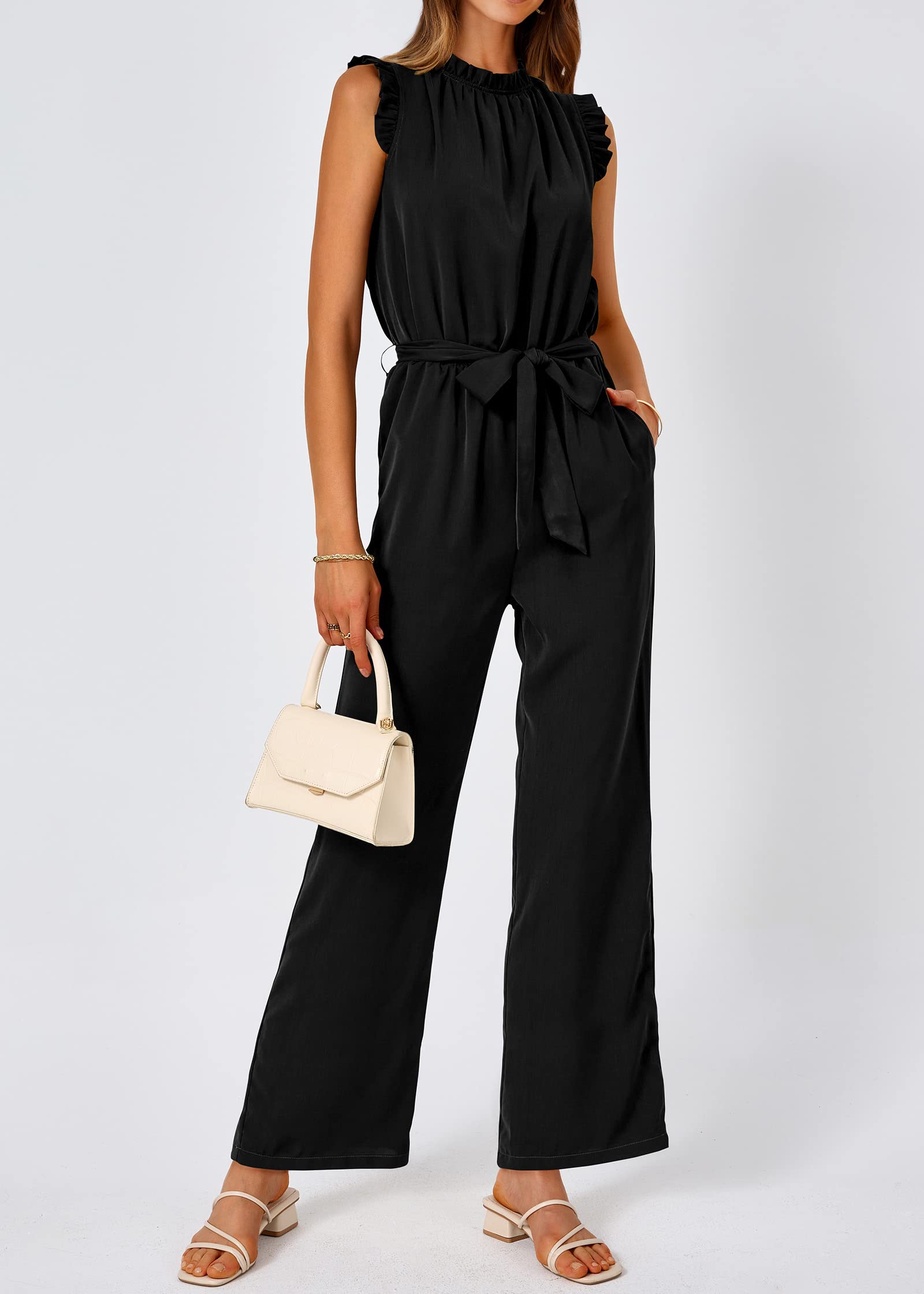 FreshPretty Jumpsuits For Women Dressy Summer One Piece Sleeveless Ruffle Mock Neck Belt Pockets Formal Wide Leg Pants Romper
