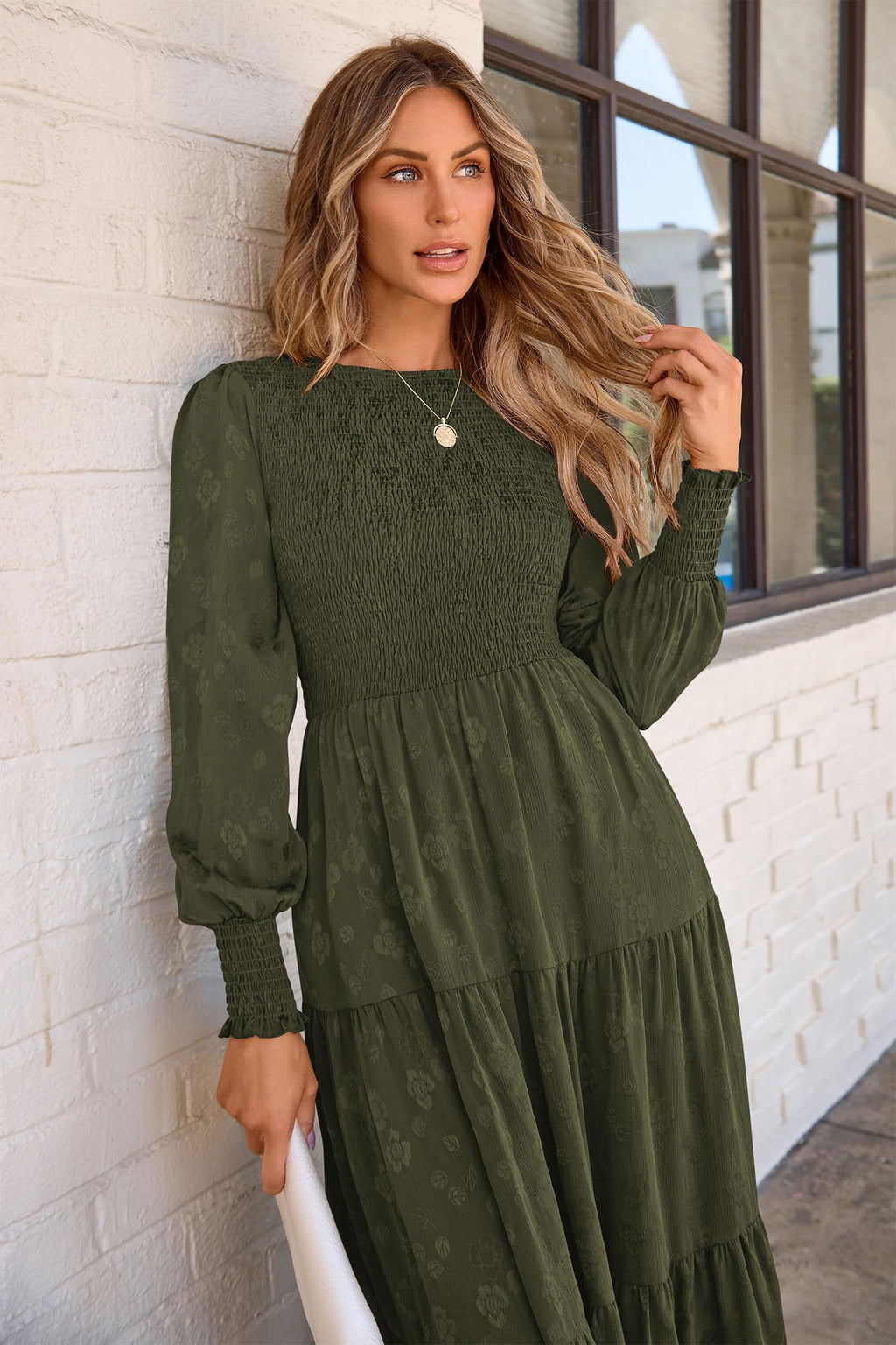 PRETTYGARDEN Women's Fall Spring Midi Dress Long Sleeve Floral Smocked Elegant Wedding Guest Long Flowy Dresses with Pockets