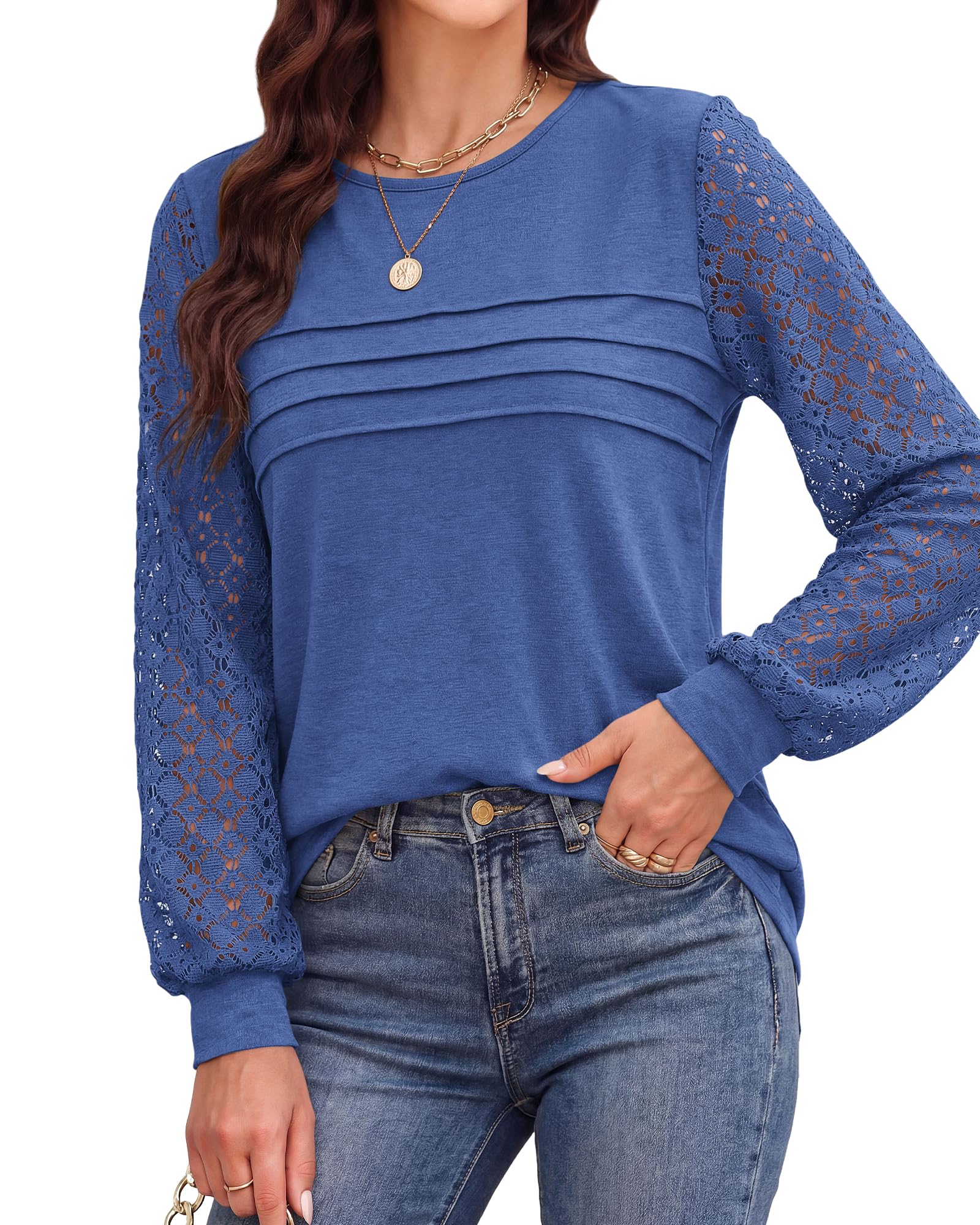 BTFBM Women's Long Sleeve Shirts Dressy Lace Fall Tops Trendy Business Casual T-Shirts Cute Work Outfits Blouses