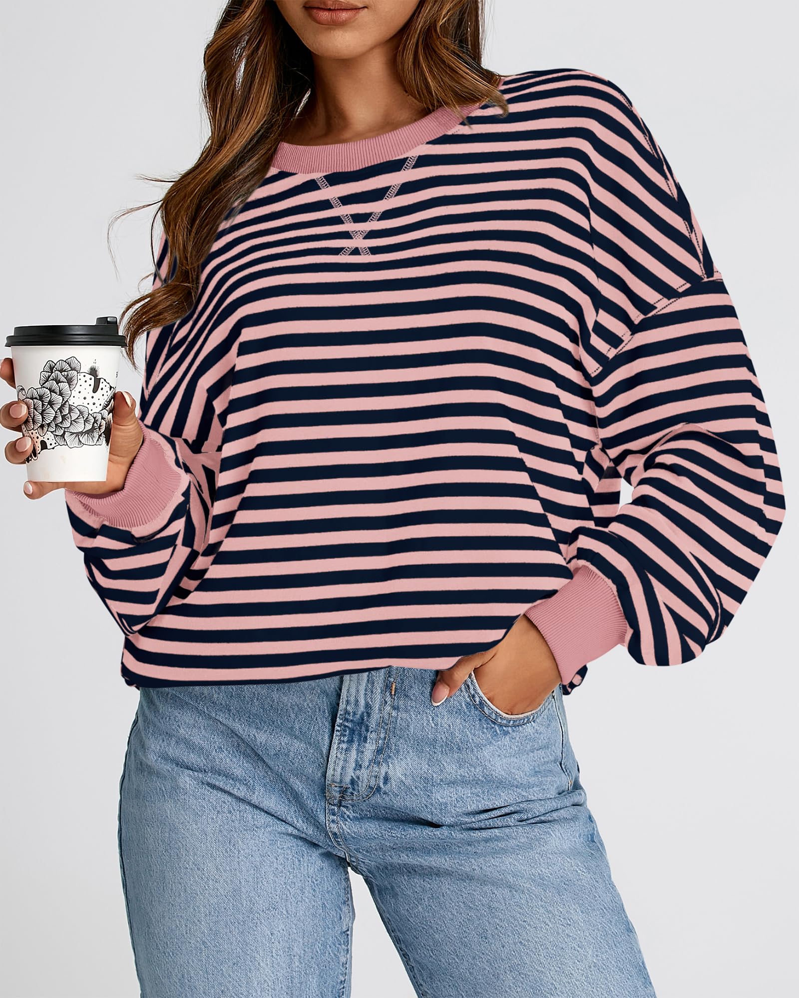 BTFBM Sweatshirt For Women Summer Crewneck Long Sleeve Oversized Striped Pullover Tops Y2K Clothes Workout Shirt