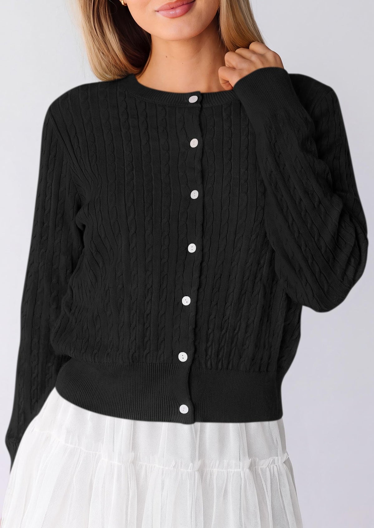 PRETTYGARDEN Women Lightweight Button Up Cardigan Sweaters | Soft Stretchy, Cozy Cable Knit, Long Sleeve Crew Neck, Trendy Cardigans, Cute Casual Outfits, Early Fall Fashion Clothing