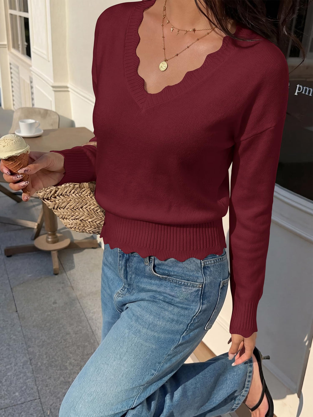 BTFBM Fall Long Sleeve Sweaters for Women | V Neck,Drop Shoulders,Scallop Edges,Lightweight Knit Sweaters Top,Daily Wear,Holiday,Christmas,Winter Clothing