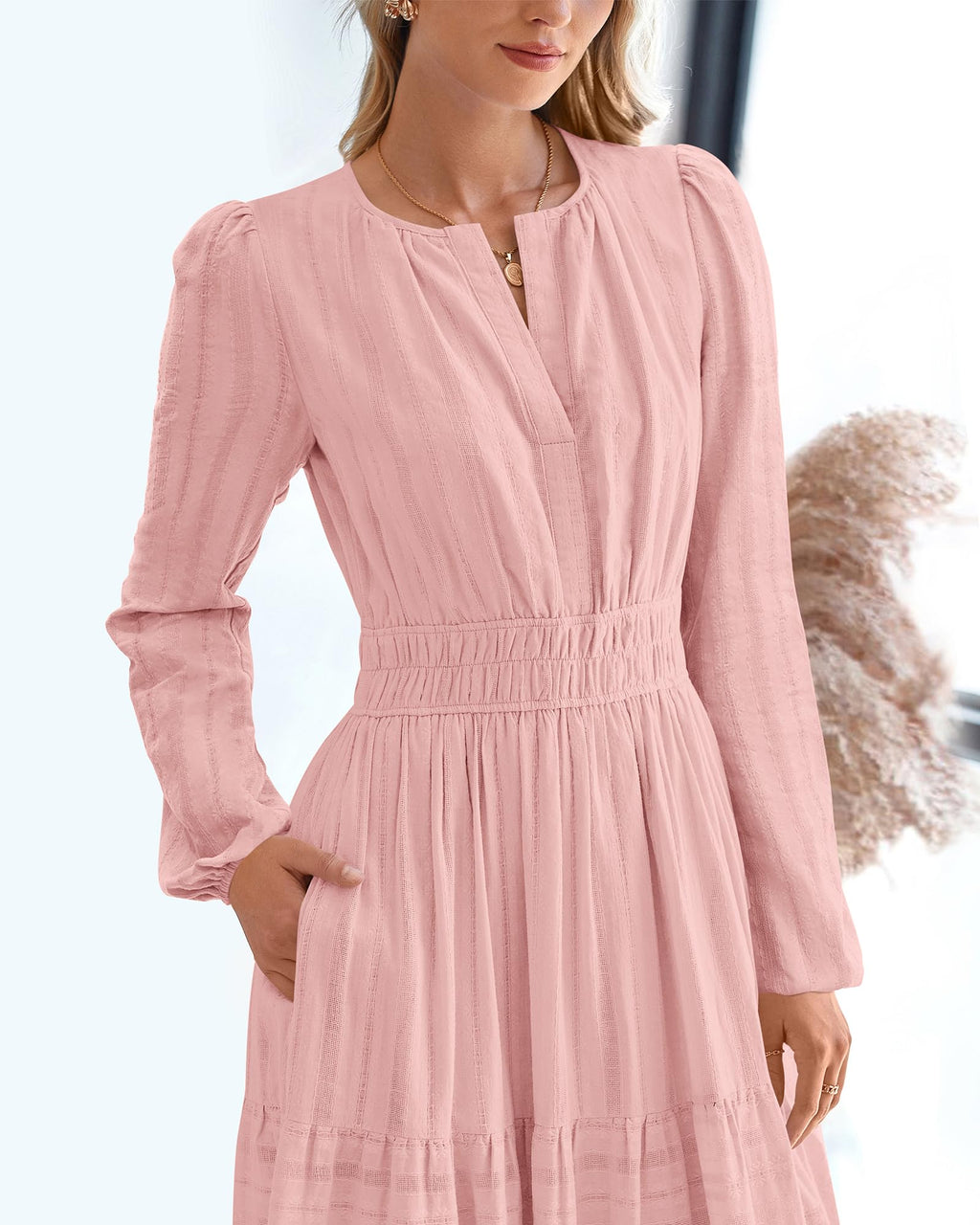 FreshPretty Fall Dresses for Women Casual Long Sleeve V Neck Elastic Waist Lightweight Maxi Wedding Guest Dress Pockets