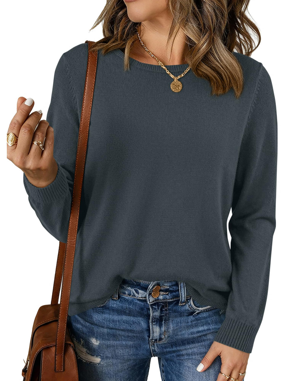 BTFBM Womens Long Sleeve Crew Neck Sweaters Spring Casual Classic Soft Loose Fit Basic Pullover Jumper Knit Top