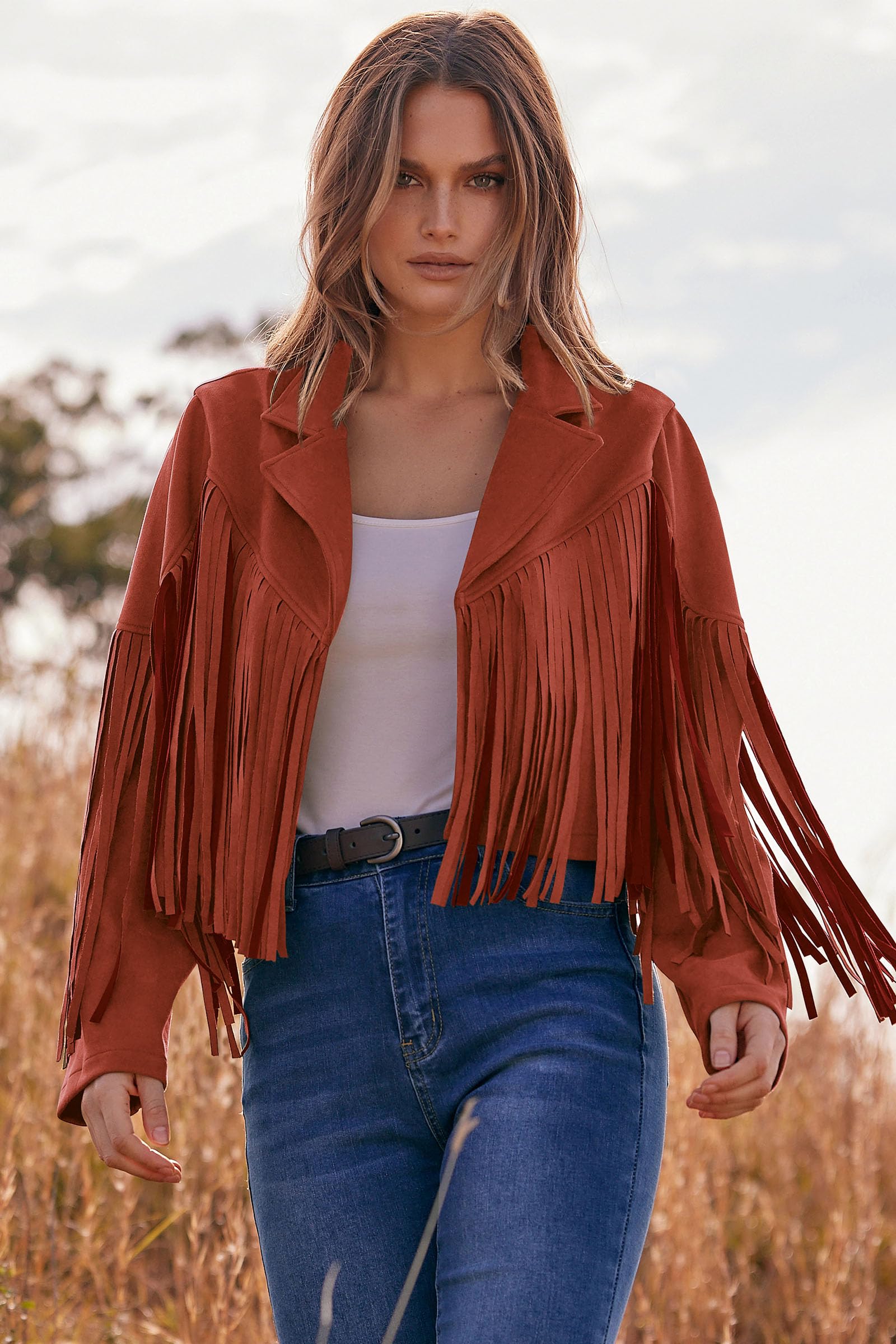 PRETTYGARDEN Women's Fringe Faux Suede Leather Jackets Fall Fashion Tassel Motorcycle Cropped Coats