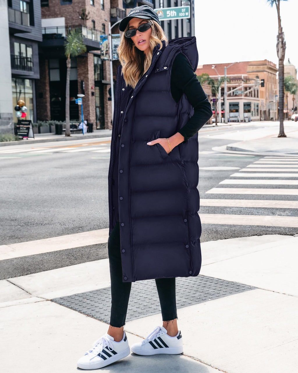 FreshPretty Long Puffer Vest Women Quilted Hooded Button Down Zip Up Sleeveless Vests Outerwear Padded Jacket Fall Winter Coat