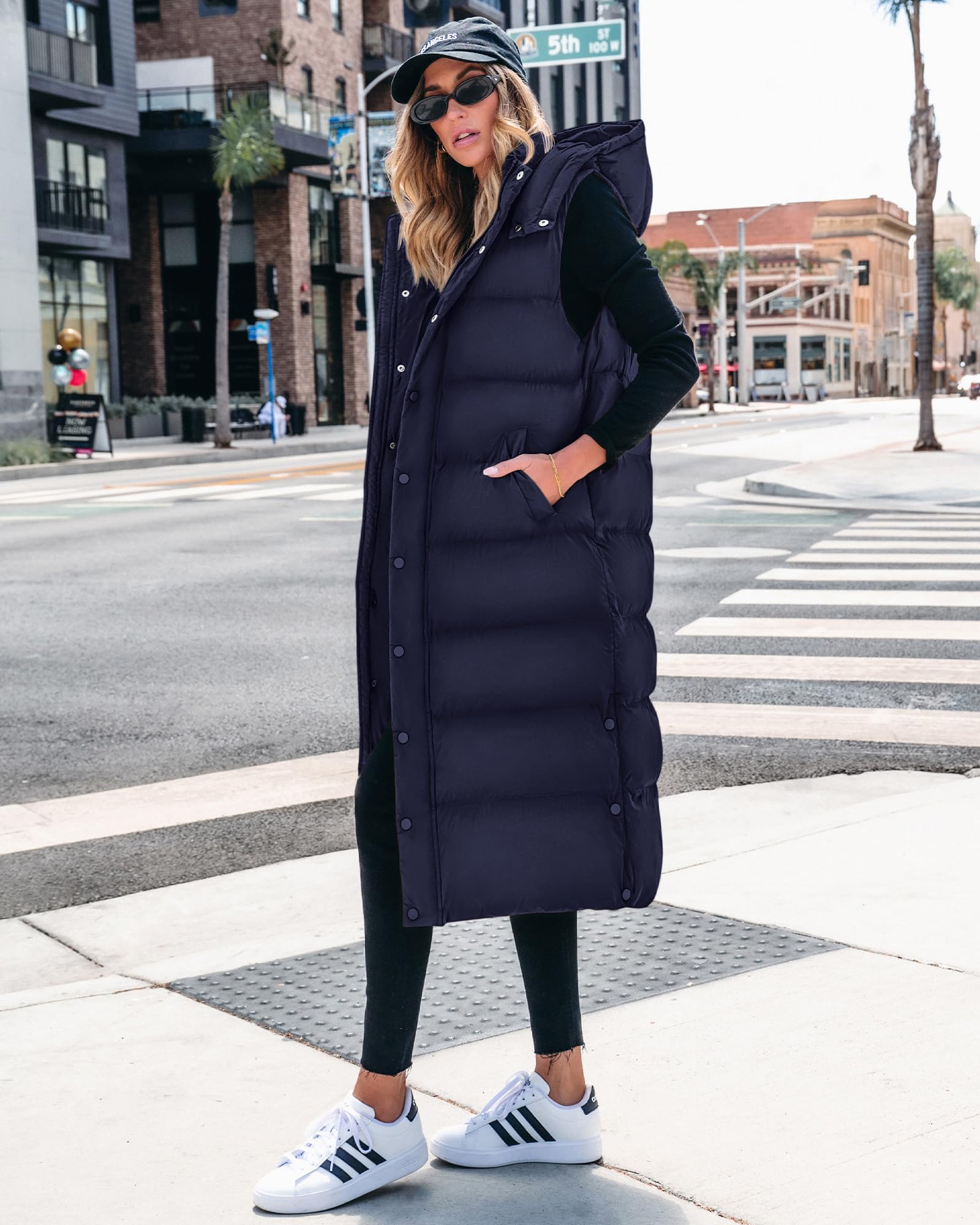 FreshPretty Long Puffer Vest Women Quilted Hooded Button Down Zip Up Sleeveless Vests Outerwear Padded Jacket Fall Winter Coat