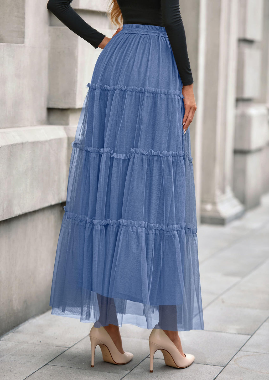 PRETTYGARDEN Tulle Skirts for Women Fall Fashion Elastic High Waisted Fairy Tiered Flowy A-Line Casual Maxi Long Skirt