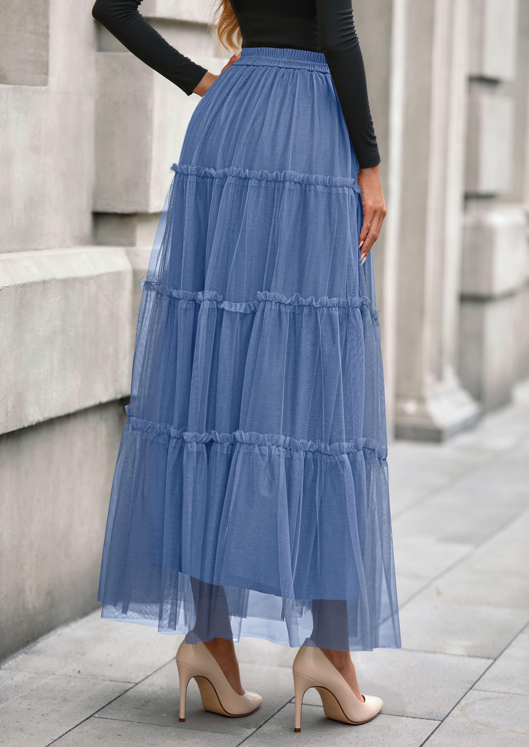 PRETTYGARDEN Tulle Skirts for Women Fall Fashion Elastic High Waisted Fairy Tiered Flowy A-Line Casual Maxi Long Skirt
