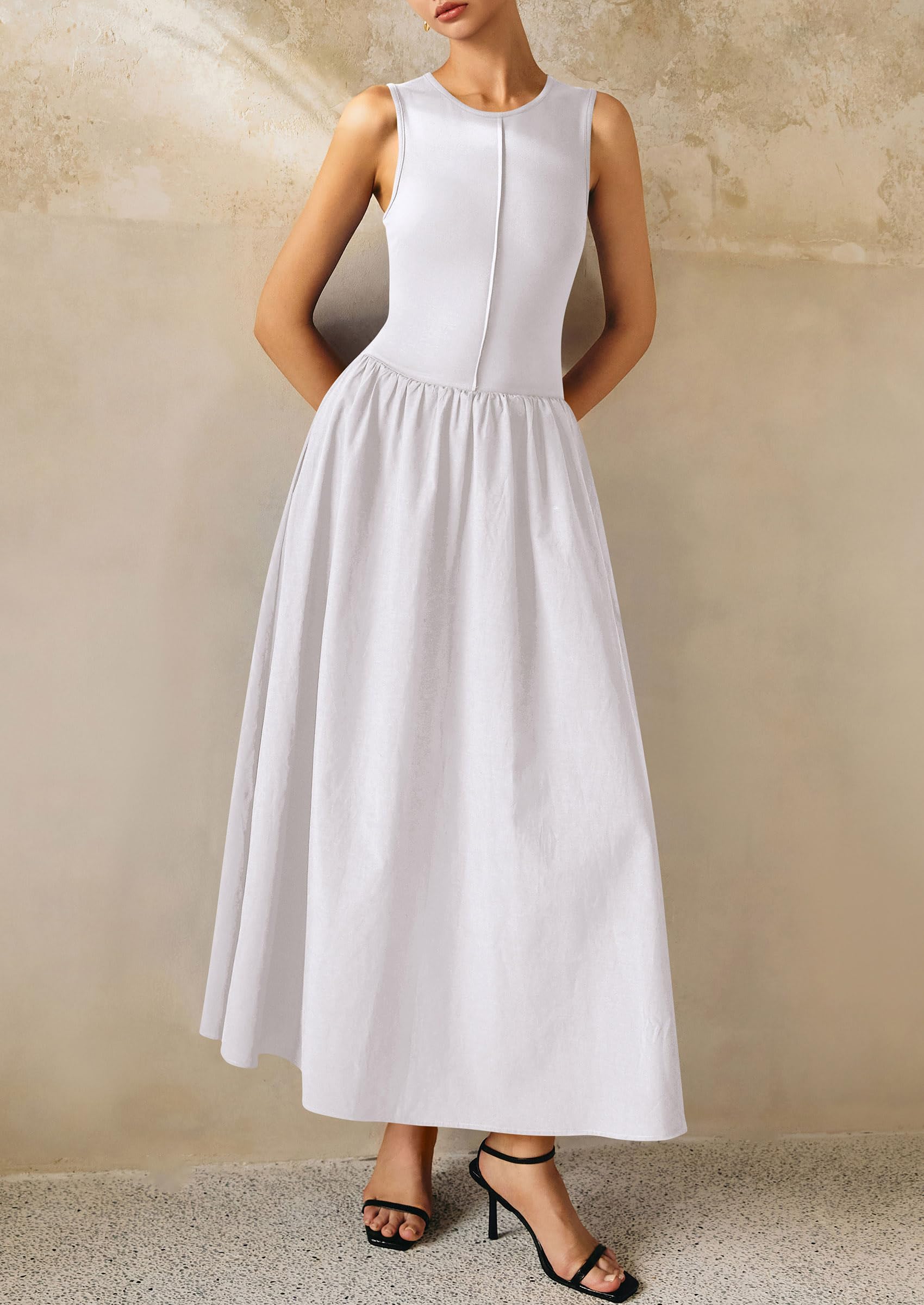 PRETTYGARDEN Maxi Dresses for Women Summer Casual Sleeveless Patchwork Flowy Vacation Sundress Knit Long Work Tank Dress