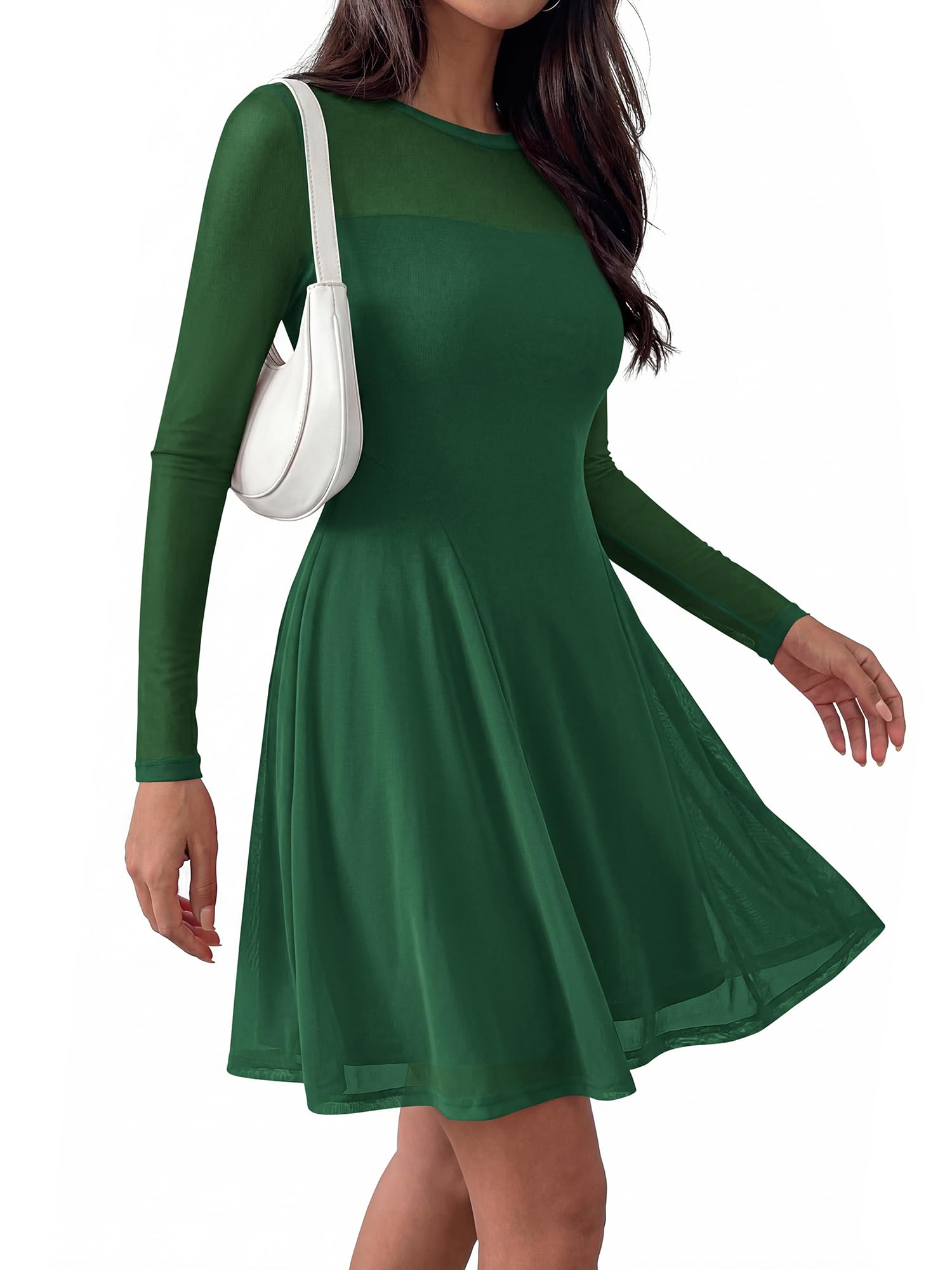 BTFBM Women’s Mini Dress Sheer Mesh Long Sleeve Crew Neck Flowy A Line Casual Cocktail Party Going Out Dresses Fall