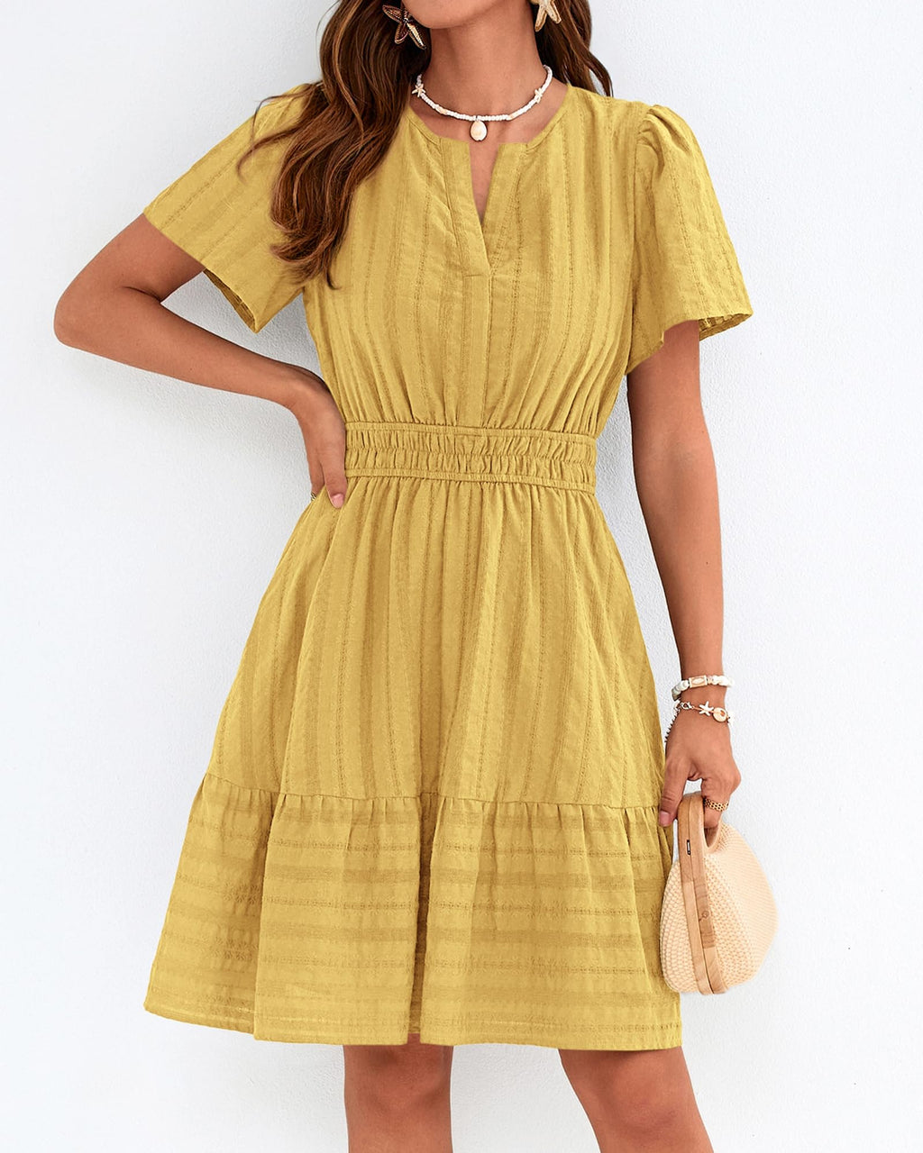 BTFBM Womens Spring  Casual Mini Dresses Lightweight Short Sleeve V Neck Elastic Waist Cute Boho Beach Dress Pockets