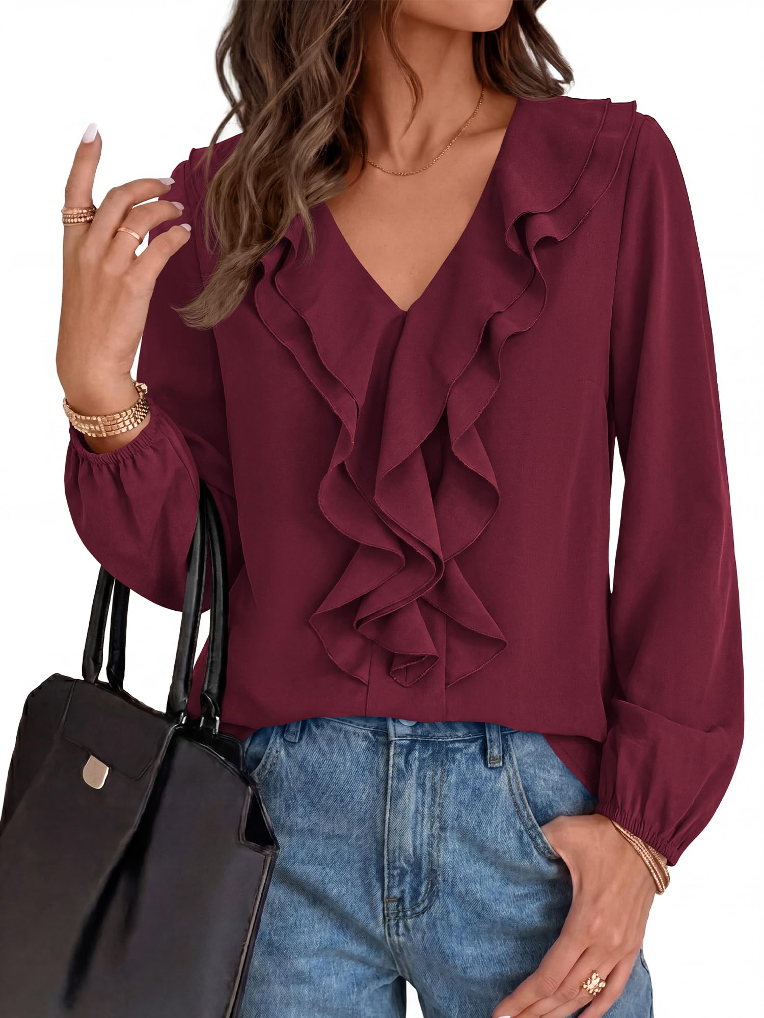 BTFBM Womens Fall Tops Ruffle Blouses Dressy Casual | Double Ruffled Collar V Neck Long Sleeve Shirts, Lightweight Fashion Clothing Trendy, Daily Business Office Work Clothes
