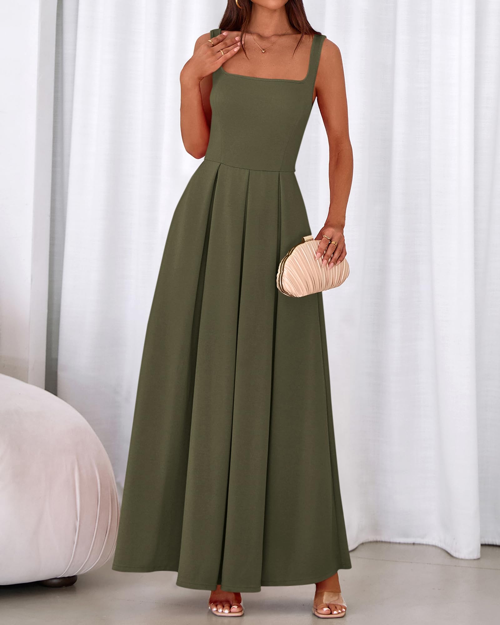 BTFBM Women Summer Square Neck Maxi Dress Spring Elegant Classy Sleeveless Formal Wedding Guest Cocktail Dresses