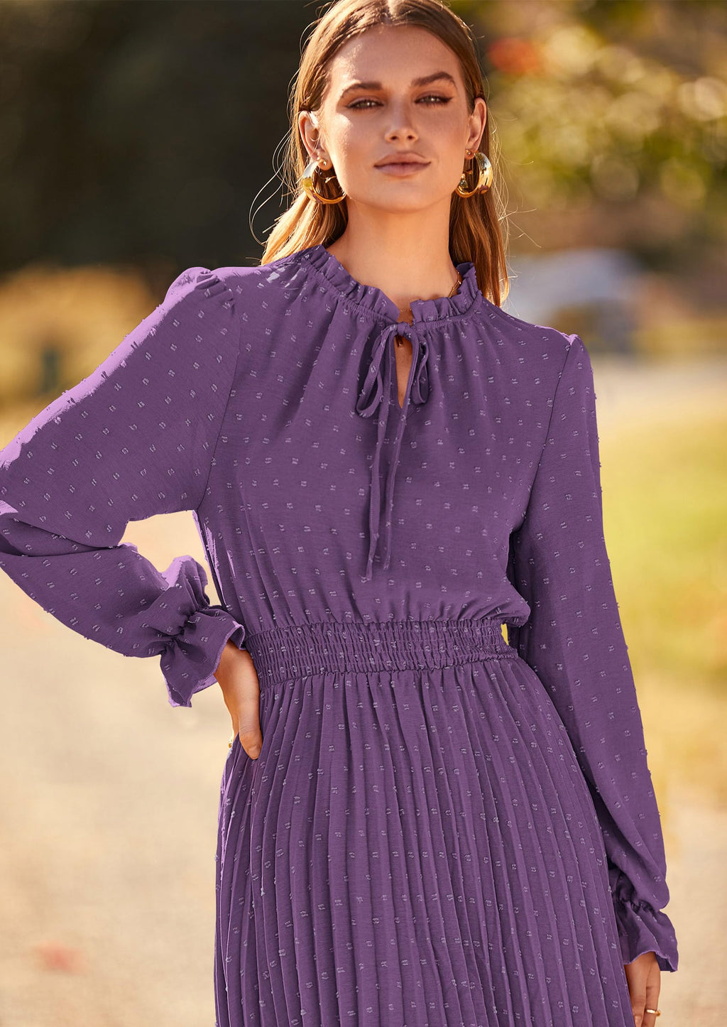 PRETTYGARDEN Women's Spring Fall Midi Dress Casual Long Sleeve V Neck Swiss Dot Pleated A Line Flowy Dresses