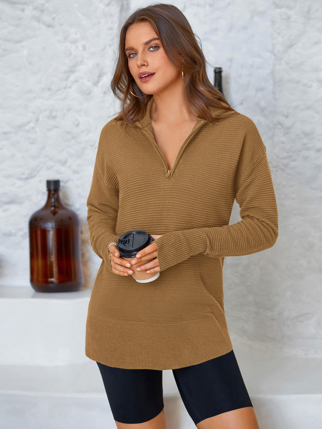 PRETTYGARDEN Womens Long Sleeve Quarter Zip Pullover Sweater Casual Loose V Neck Collared Ribbed Knit Jumper Tops Thumb Hole