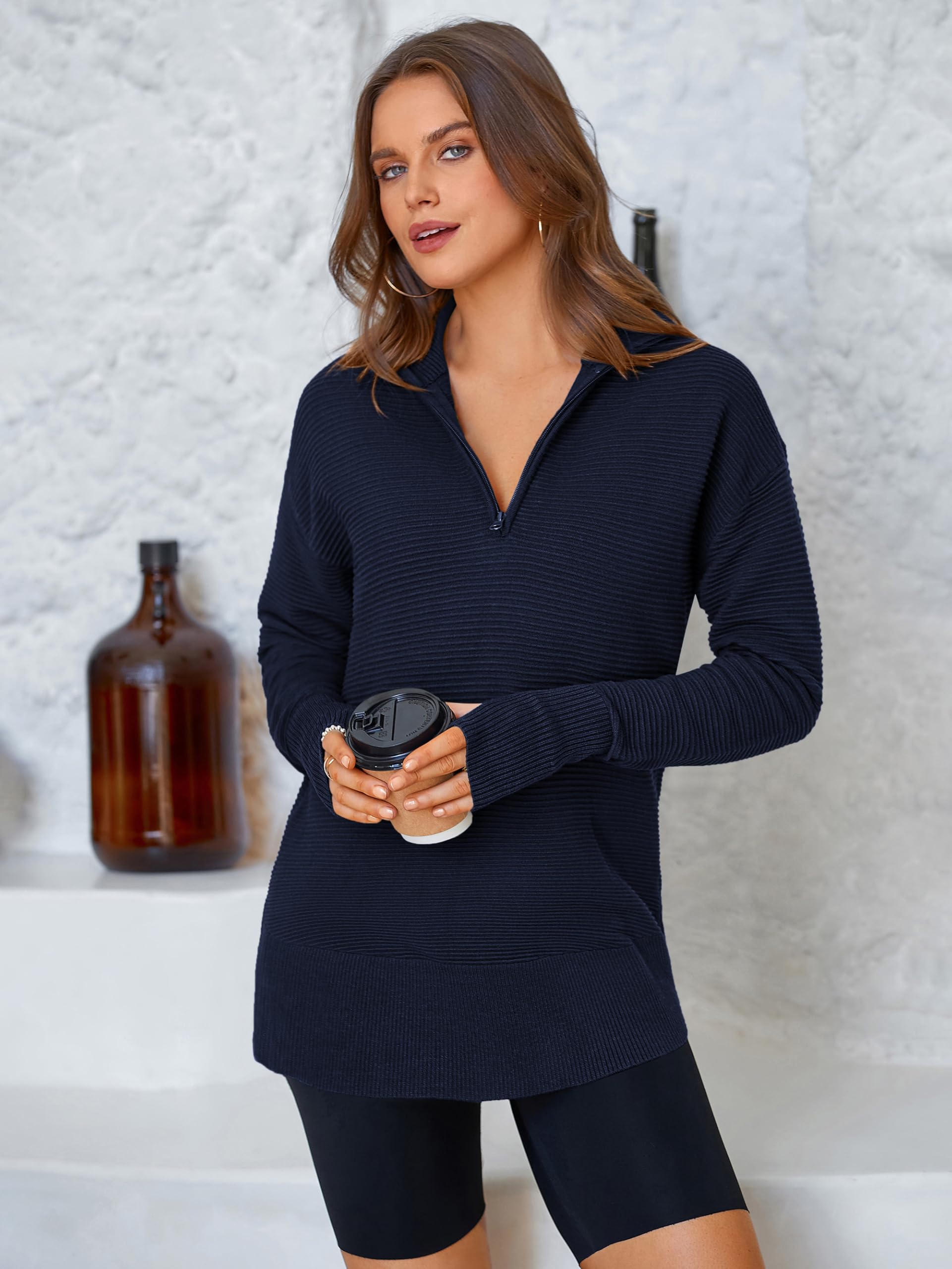 PRETTYGARDEN Womens Long Sleeve Quarter Zip Pullover Sweater Casual Loose V Neck Collared Ribbed Knit Jumper Tops Thumb Hole