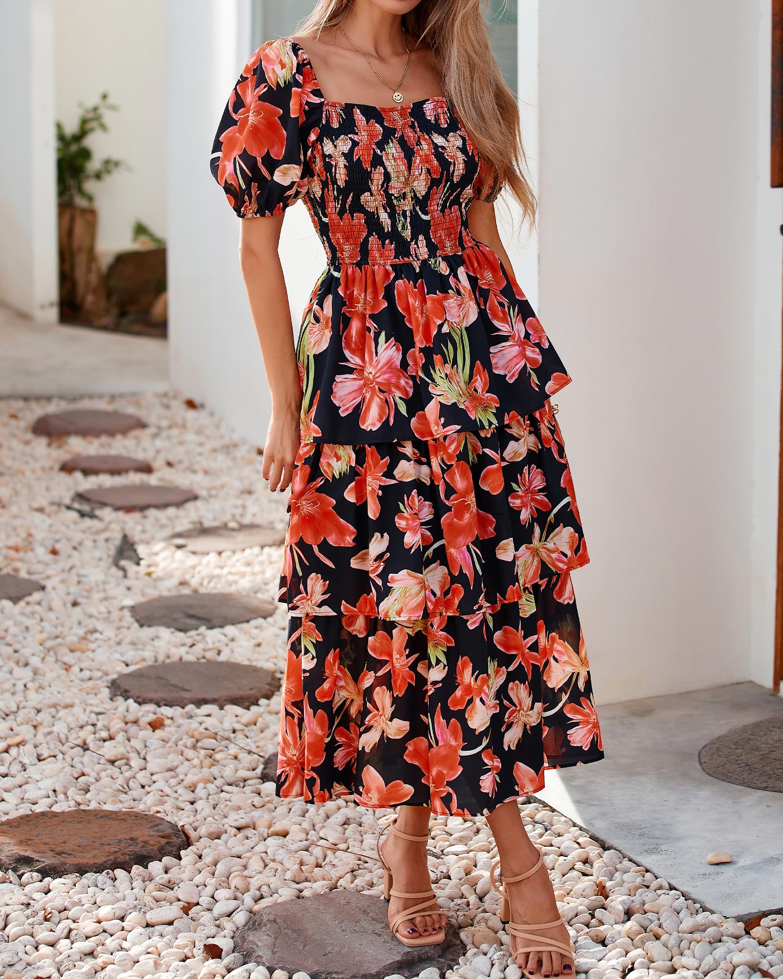 BTFBM Womens Square Neck Smocked Dress Summer Puff Short Sleeve Floral Casual Ruffle Tiered Maxi Wedding Guest Dresses