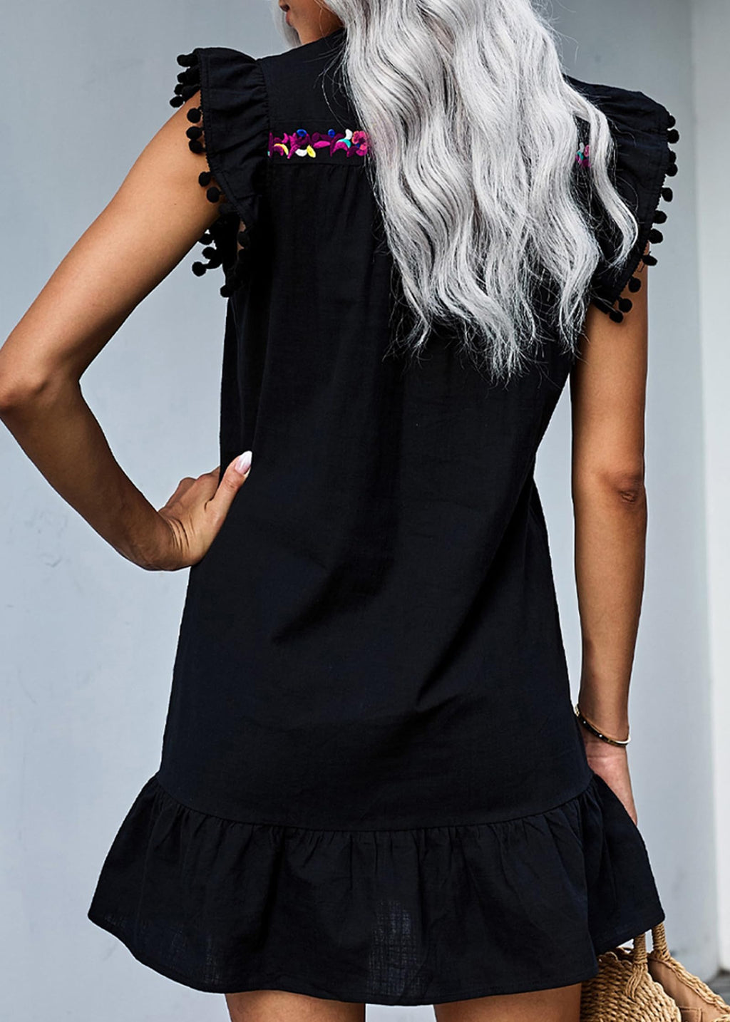 FreshPretty Women's Summer Mini Dress Casual V Neck Floral Embroidered Ruffle Sleeveless Shift Flowy Boho Dress