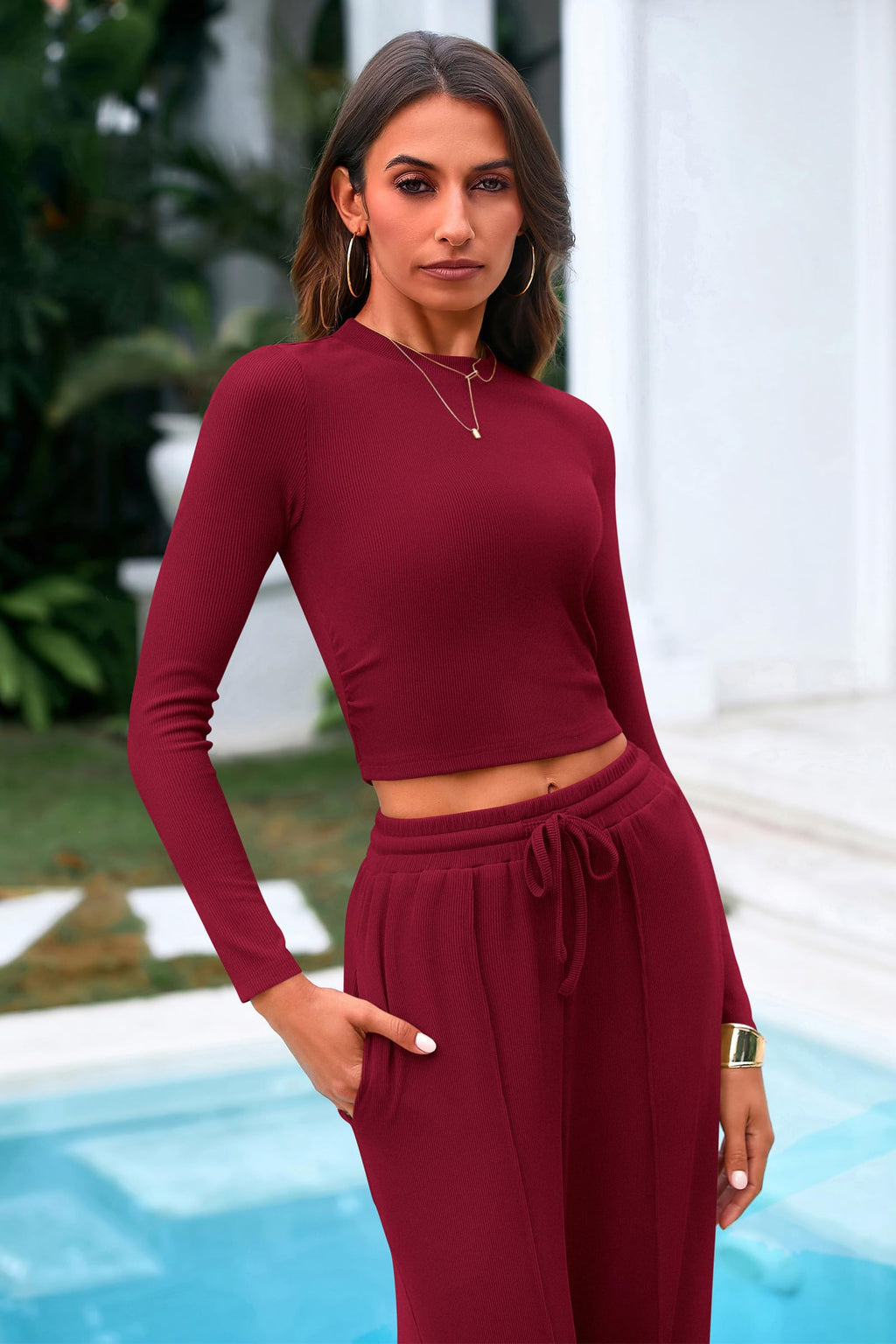 PRETTYGARDEN Women's 2 Piece Loungewear Long Sleeve Crop Top Wide Leg Palazzo Pants Set Tracksuits Casual Outfit
