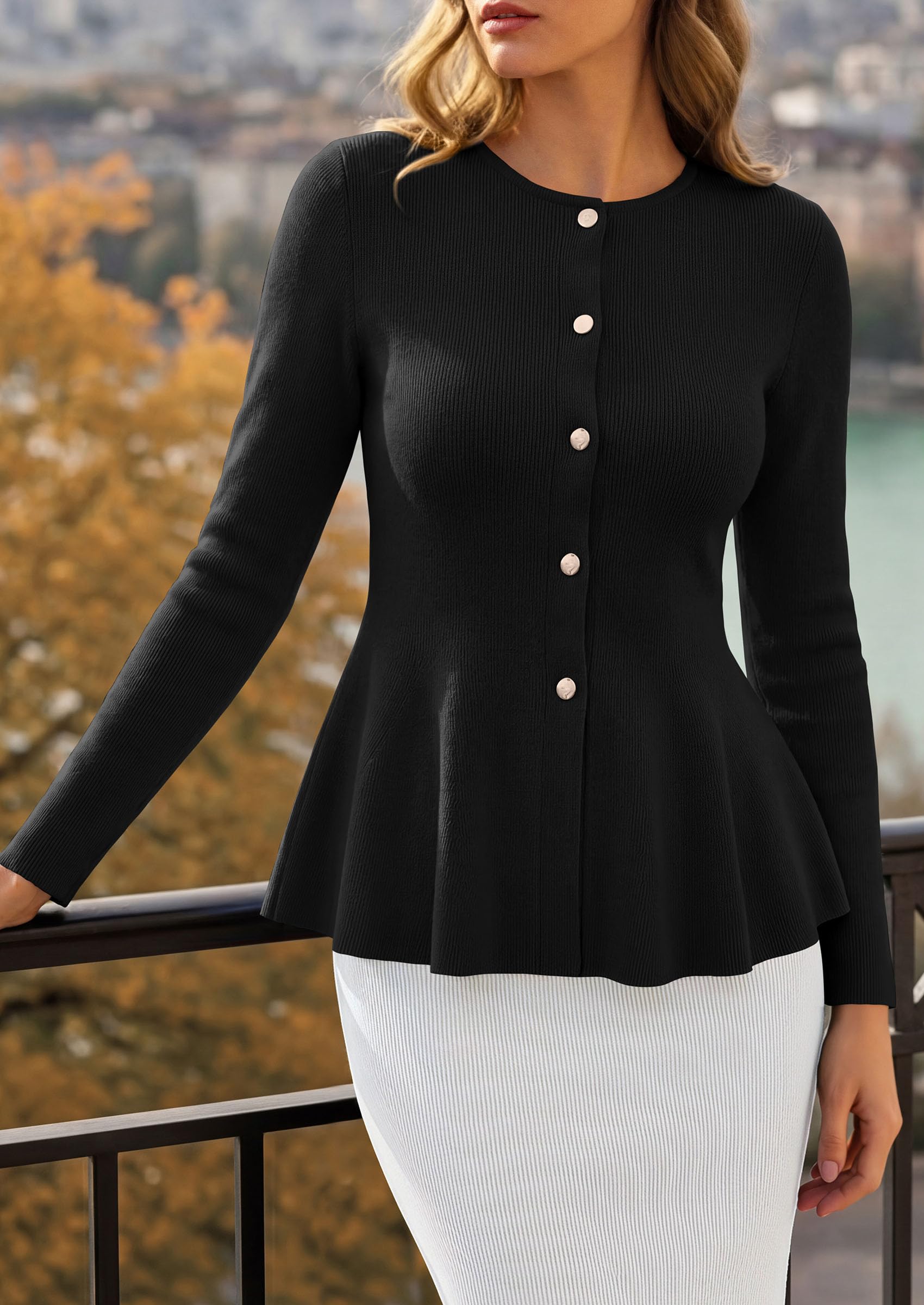 PRETTYGARDEN Women's Fall Lightweight Cardigan Sweaters | Long Sleeve Peplum Tops, Button Up, Slim Fitted, Flared Hem, Soft Ribbed Knit, Business Casual Outfits, Winter Trendy Clothes