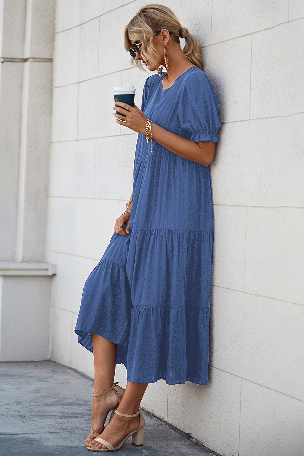 PRETTYGARDEN Summer Dresses for Women Casual Floral Boho Midi Sun Dress Puff Short Sleeve Flowy Beach Vacation Sundress