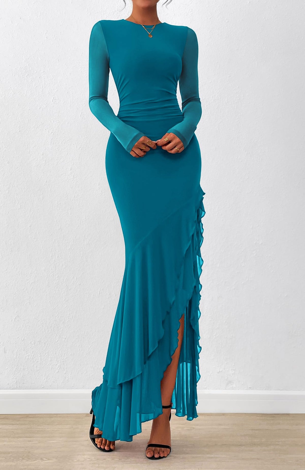 BTFBM Women's Maxi Dresses Fall Long Sleeve Wedding Guest Dress Mesh,Ruched,Bodycon,High Split,Solid Color,Ruffle, Mermaid,Cocktail Dresses,Prom,Party,Homecoming Dress,Fall Outfits