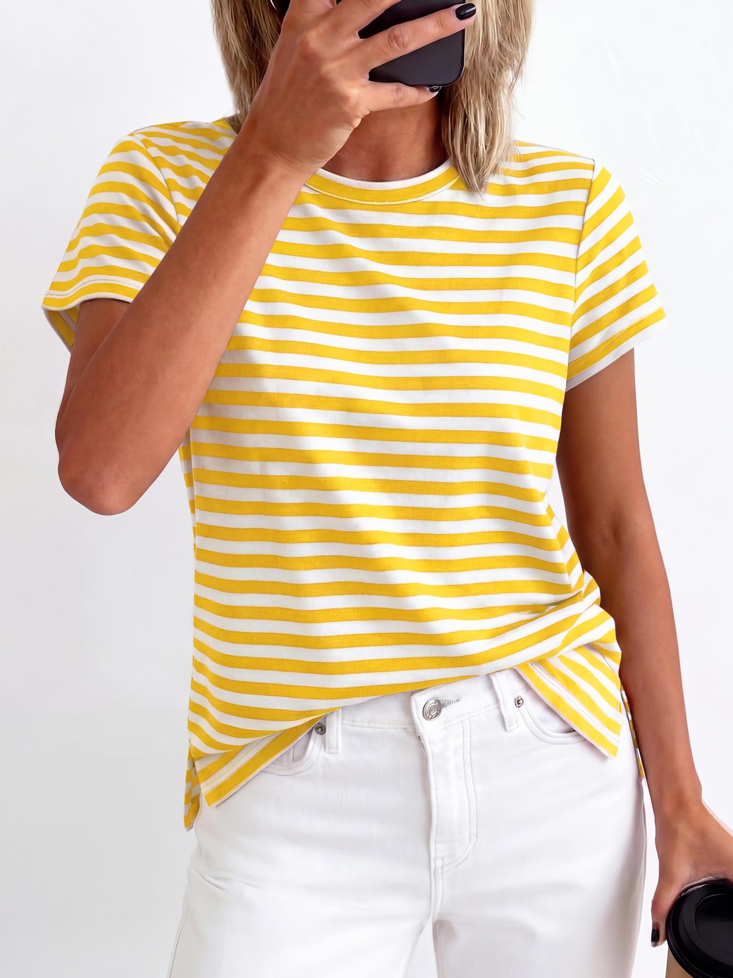BTFBM Tops for Women Trendy Summer Crew Neck Short Sleeve T Shirts Striped Casual Vacation Blouse Basic Tee