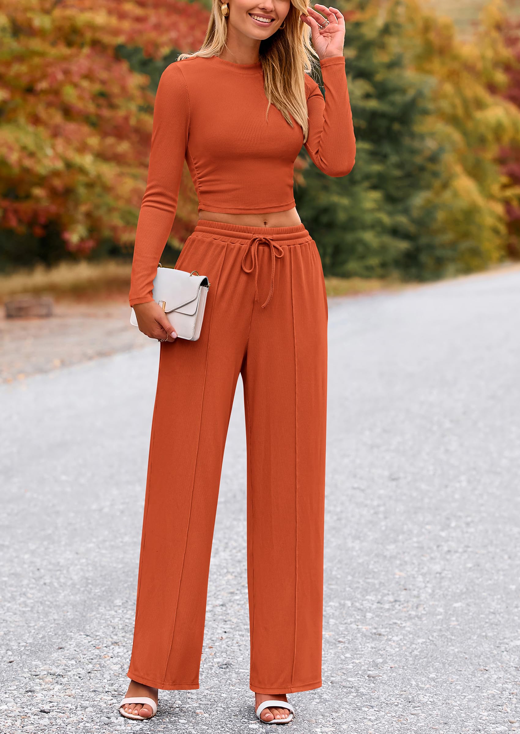PRETTYGARDEN Women's 2 Piece Loungewear Long Sleeve Crop Top Wide Leg Palazzo Pants Set Tracksuits Casual Outfit