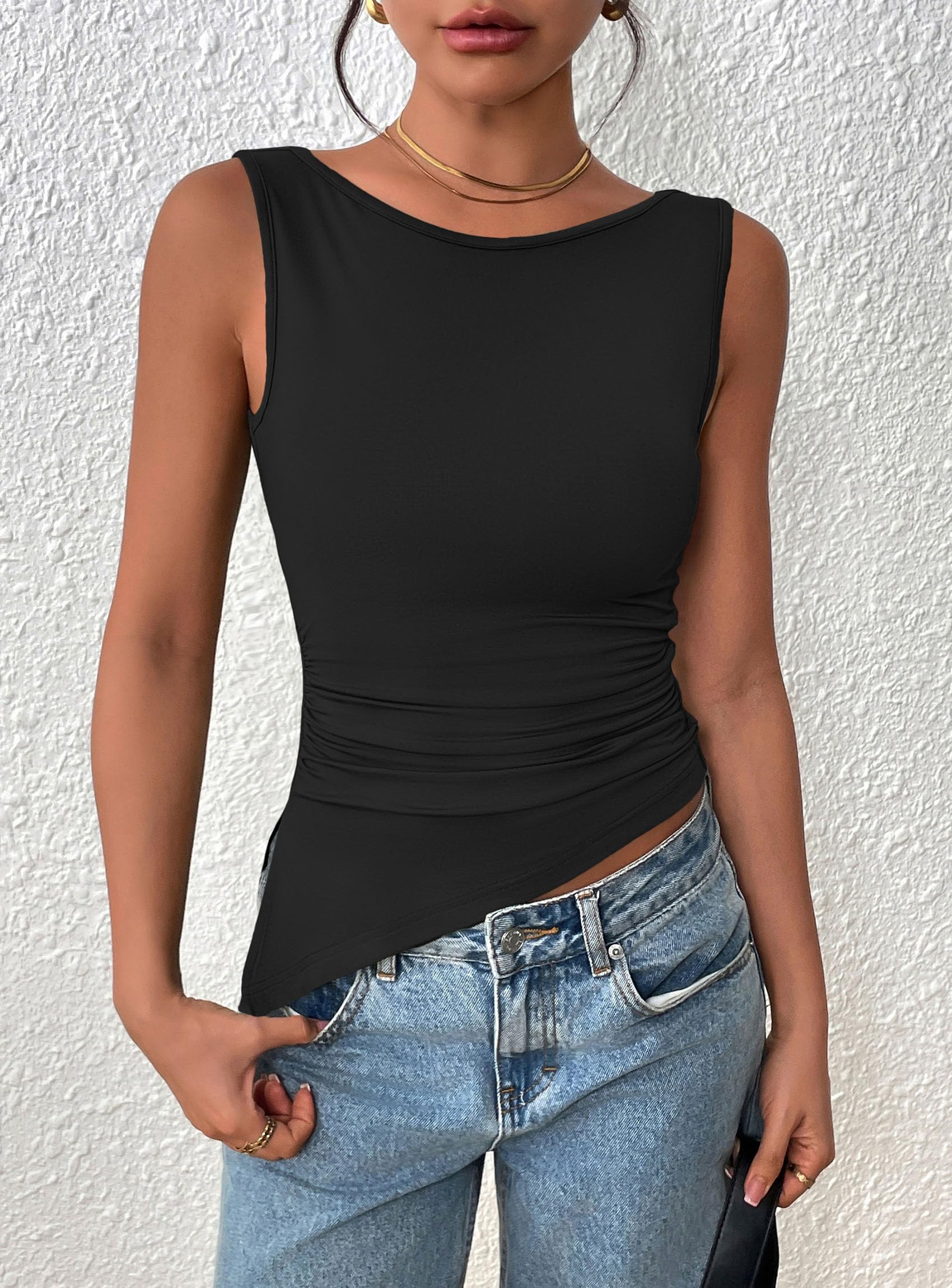 PRETTYGARDEN Womens Ruched Tank Tops  Summer Sleeveless Slim Fit T Shirts Blouses Going Out Y2K Fashion Clothes