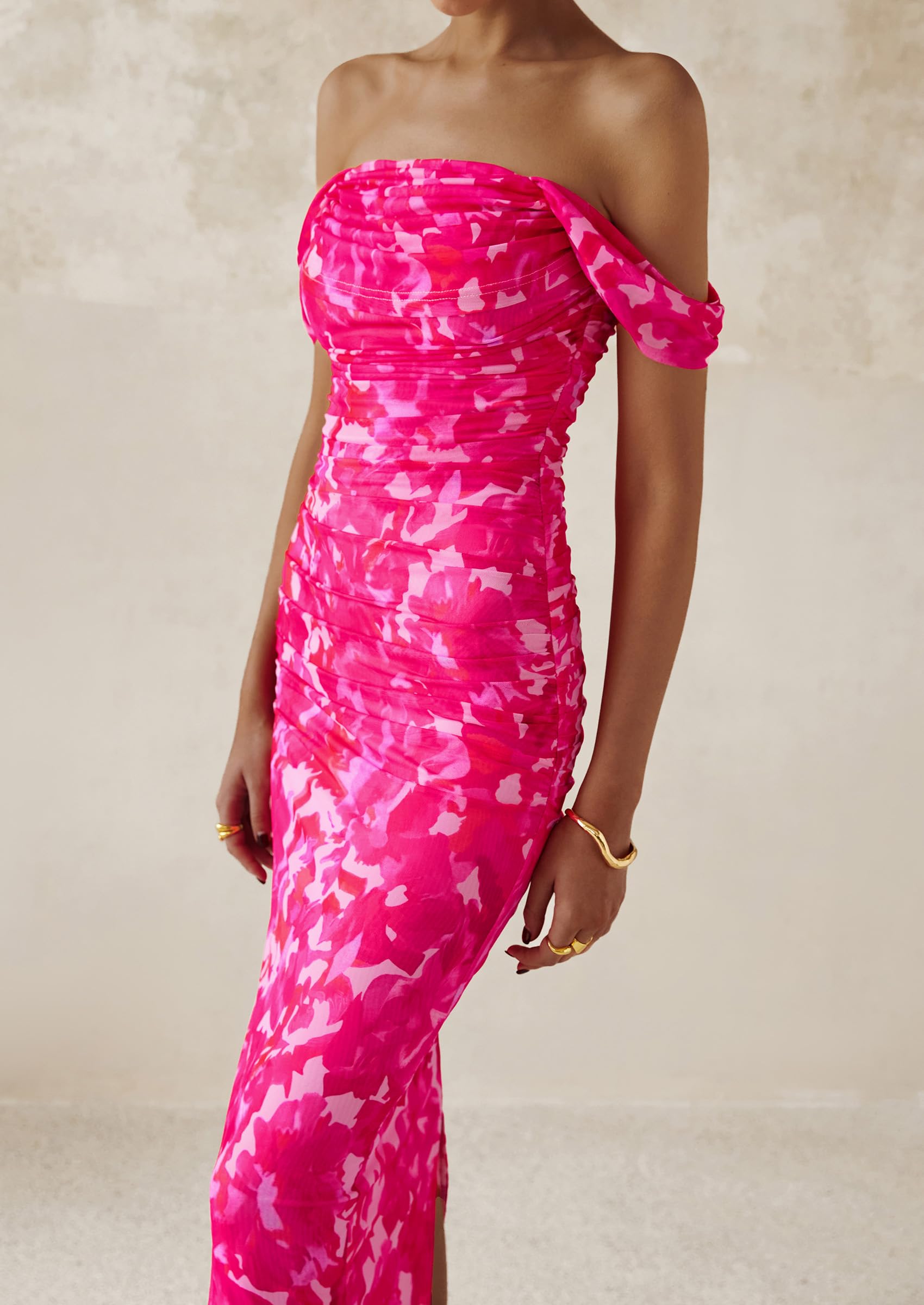 PRETTYGARDEN Cocktail Dresses for Women Summer Floral Off Shoulder Ruched Mesh Elegant Wedding Guest Maxi Dress
