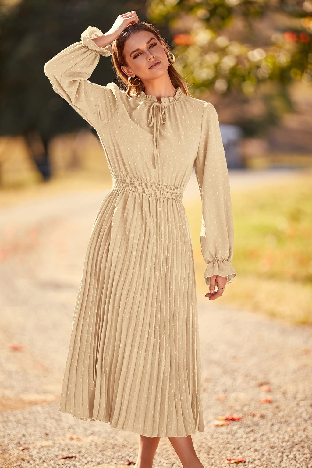 PRETTYGARDEN Women's Spring Fall Midi Dress Casual Long Sleeve V Neck Swiss Dot Pleated A Line Flowy Dresses