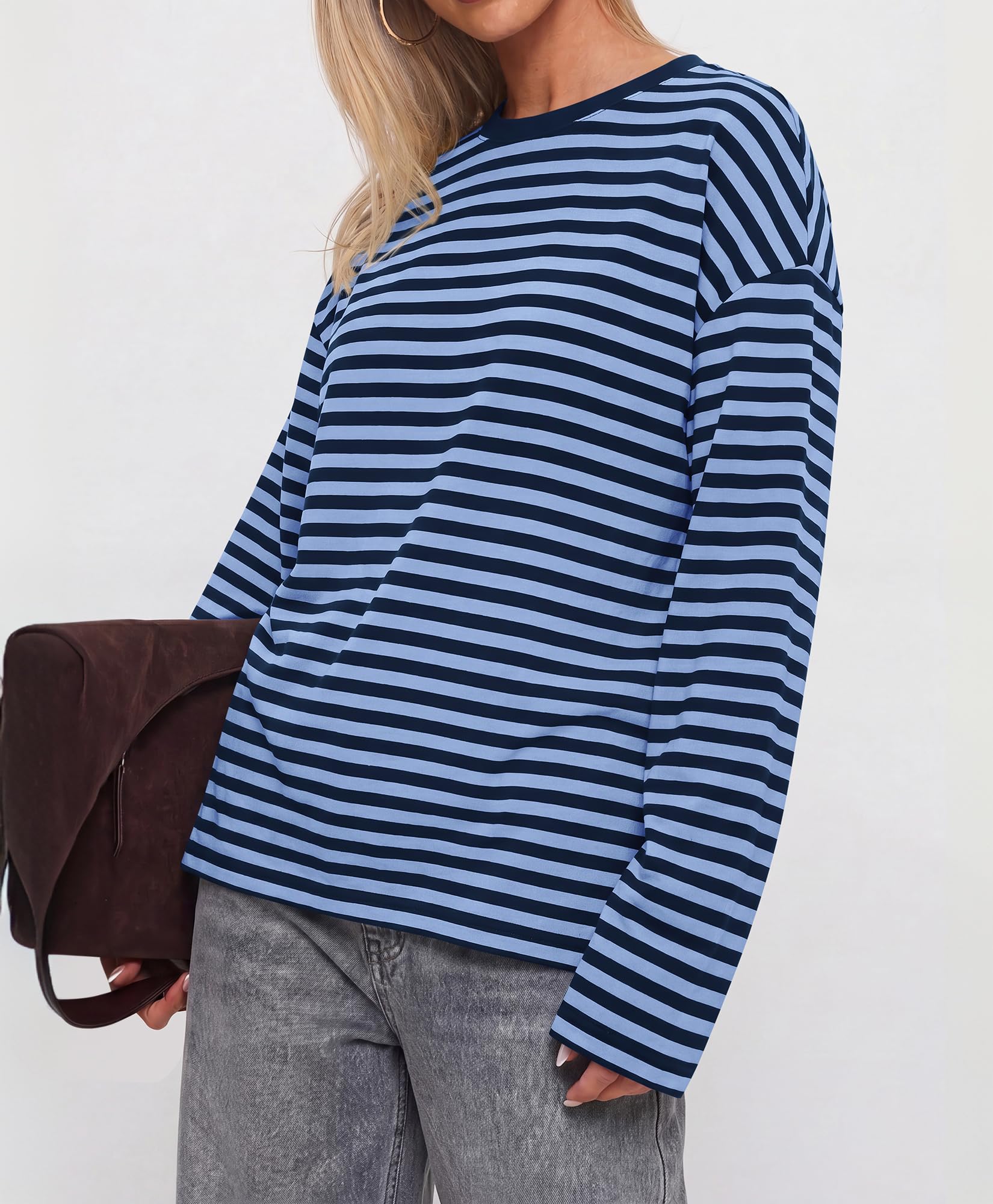 BTFBM Womens Long Sleeve Tops Fall Fashion | Lightweight, Crew Neck, Oversized Striped Shirt Women, Y2k Clothes, Vacation Travel Outfits, Going Out Top, Winter Layering