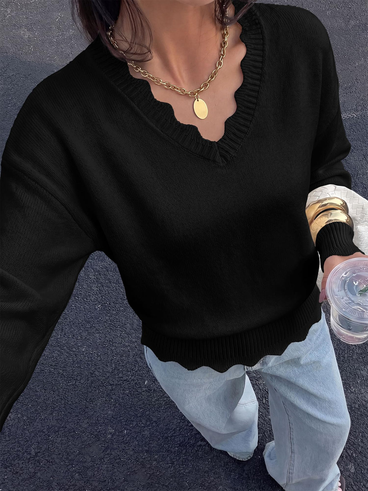 BTFBM Fall Long Sleeve Sweaters for Women | V Neck,Drop Shoulders,Scallop Edges,Lightweight Knit Sweaters Top,Daily Wear,Holiday,Christmas,Winter Clothing