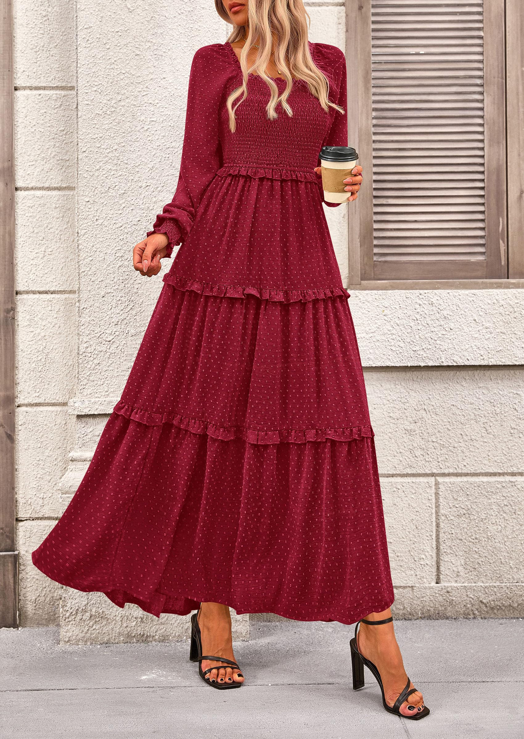 PRETTYGARDEN Fall Dresses for Women Long Sleeve Smocked Square Neck Swiss Dot Tiered Flowy Wedding Guest Maxi Dress