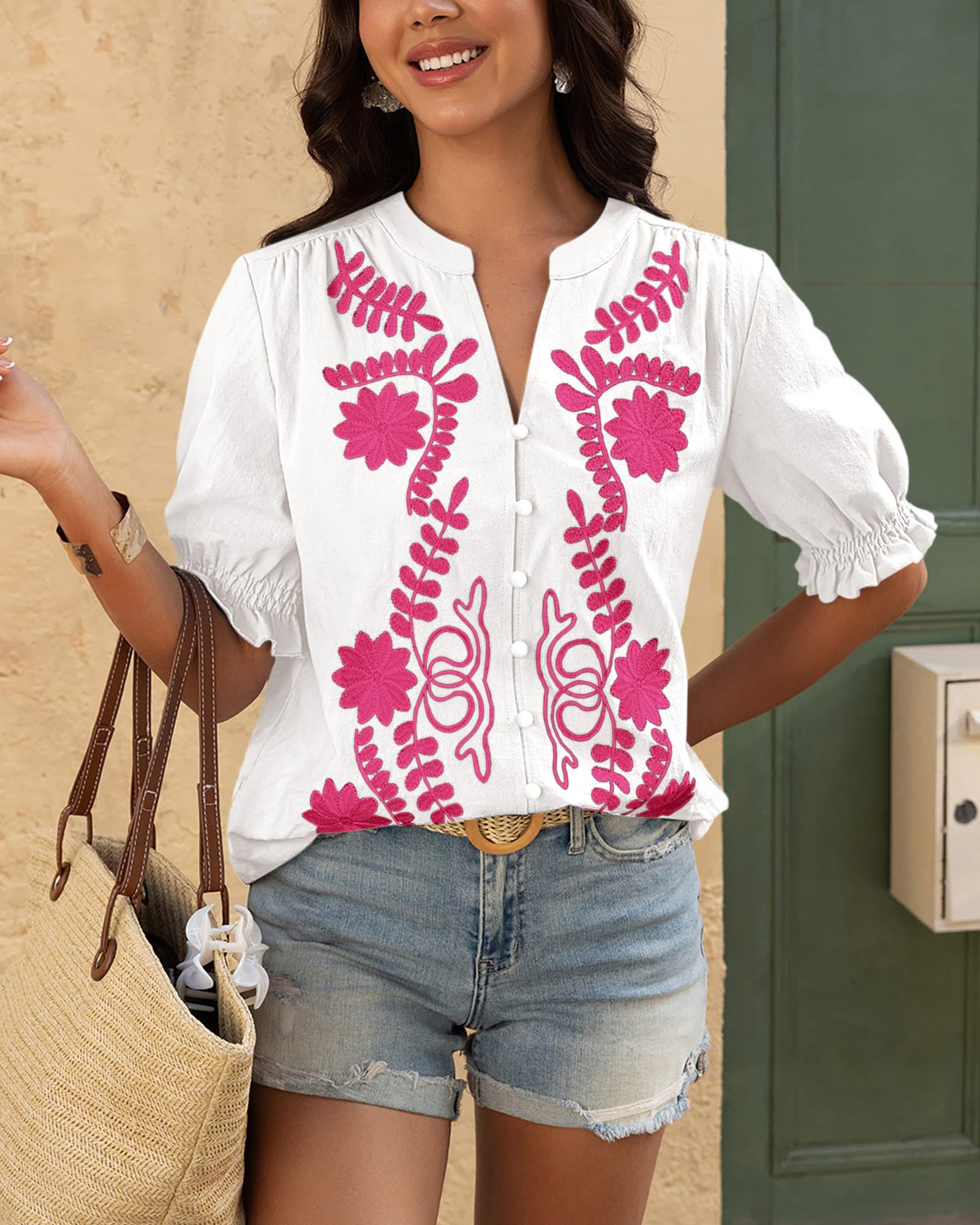 BTFBM Women's Spring Tops Casual Floral Boho V Neck Puff Short Sleeve Button Down Shirts Embroidered Blouses Tunic