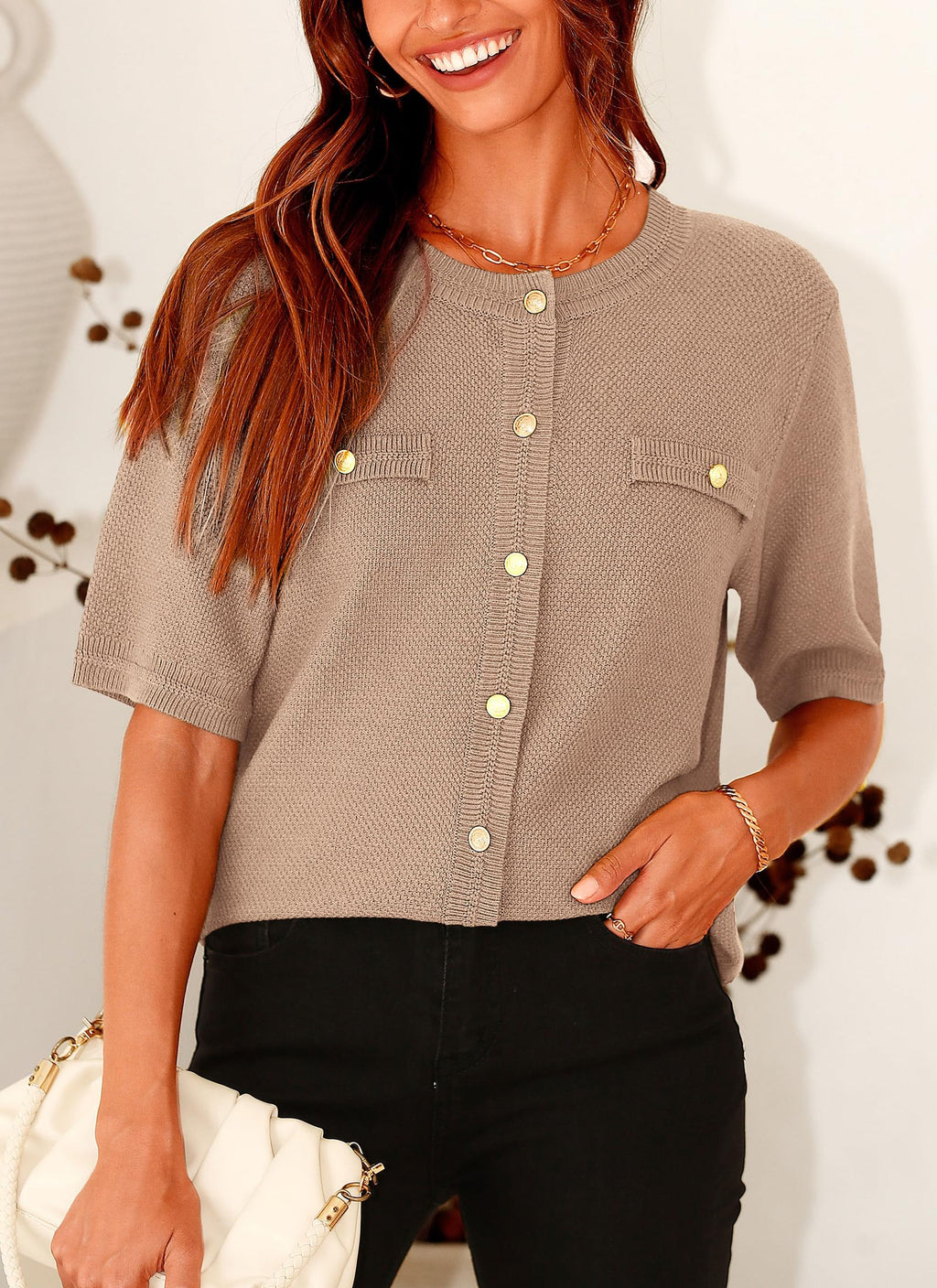 PRETTYGARDEN Women's Summer Button Down Shirts Casual Short Sleeve Crew Neck Ribbed Knit Blouse Top Cardigans