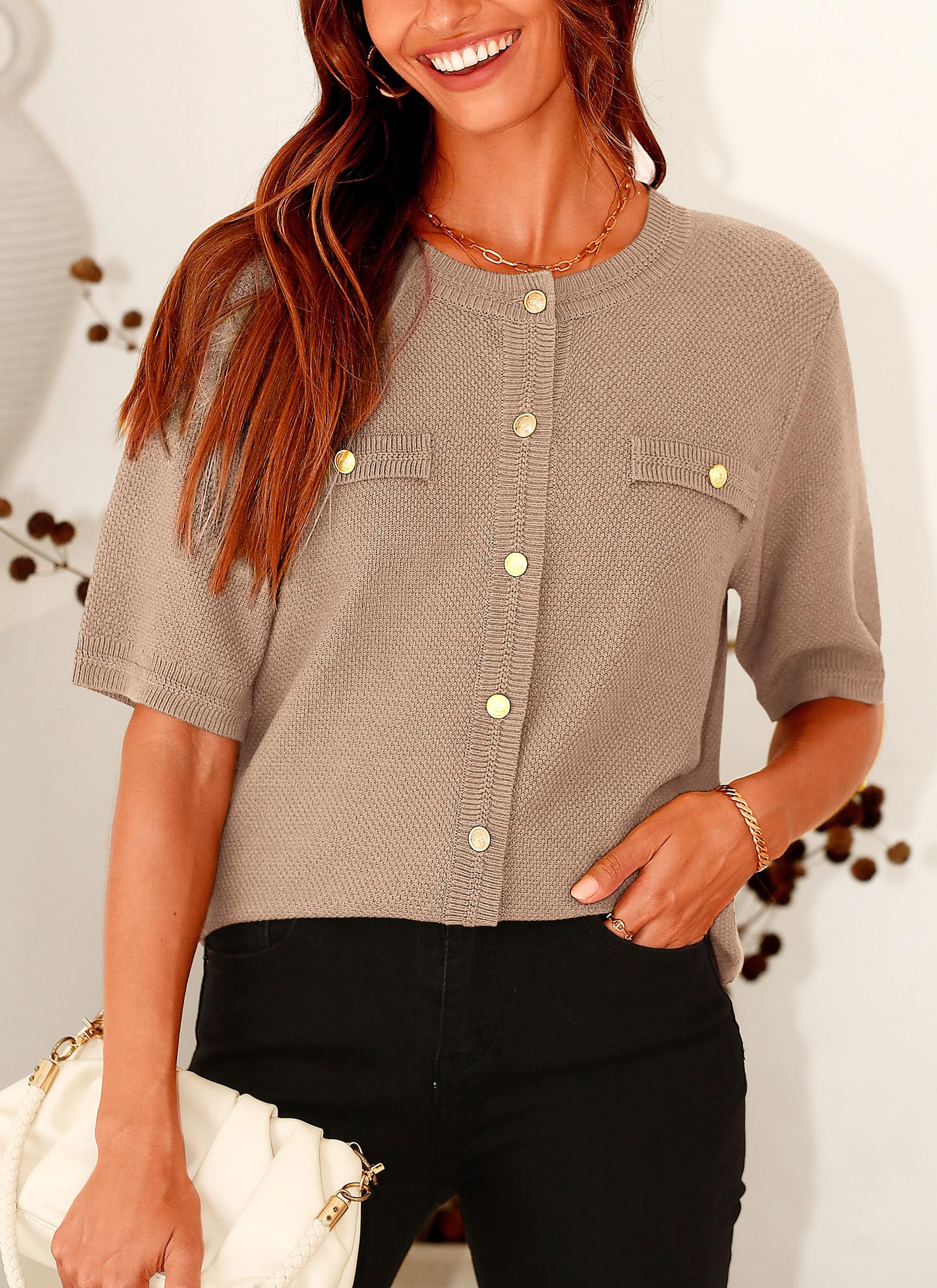 PRETTYGARDEN Women's Summer Button Down Shirts Casual Short Sleeve Crew Neck Ribbed Knit Blouse Top Cardigans