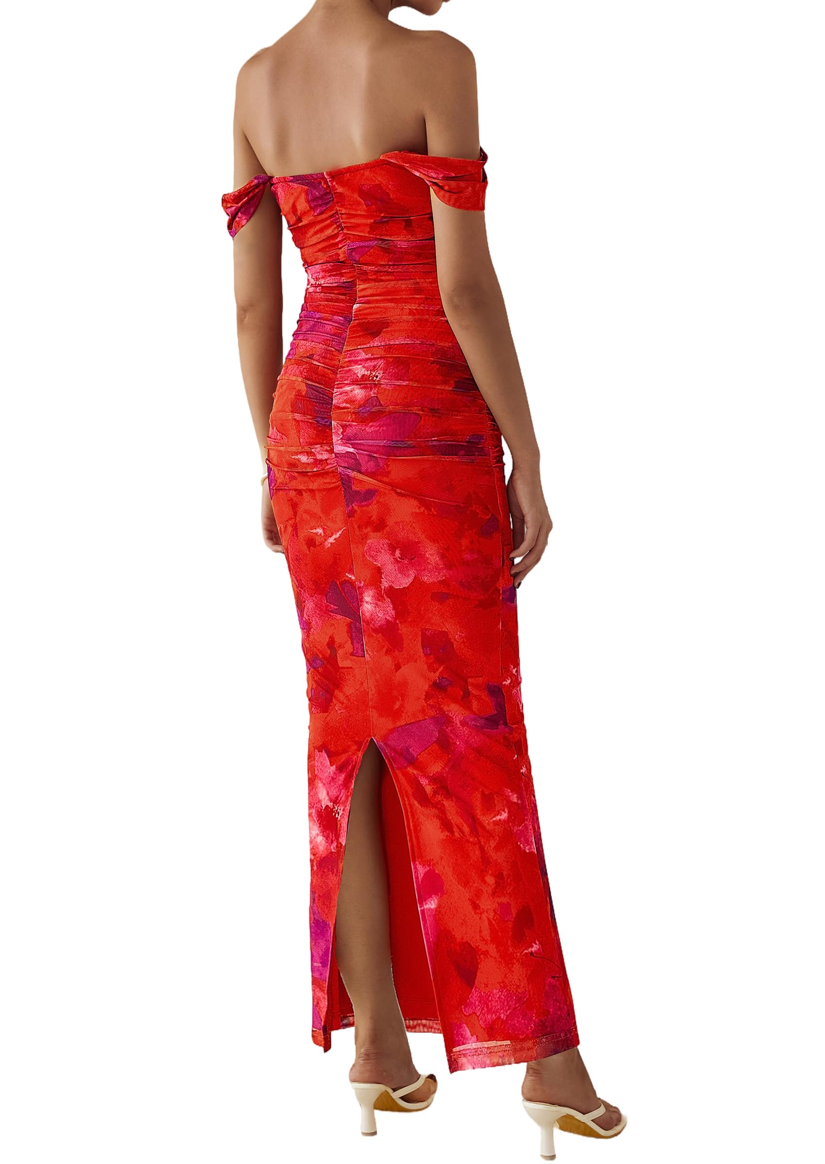 PRETTYGARDEN Cocktail Dresses for Women Summer Floral Off Shoulder Ruched Mesh Elegant Wedding Guest Maxi Dress